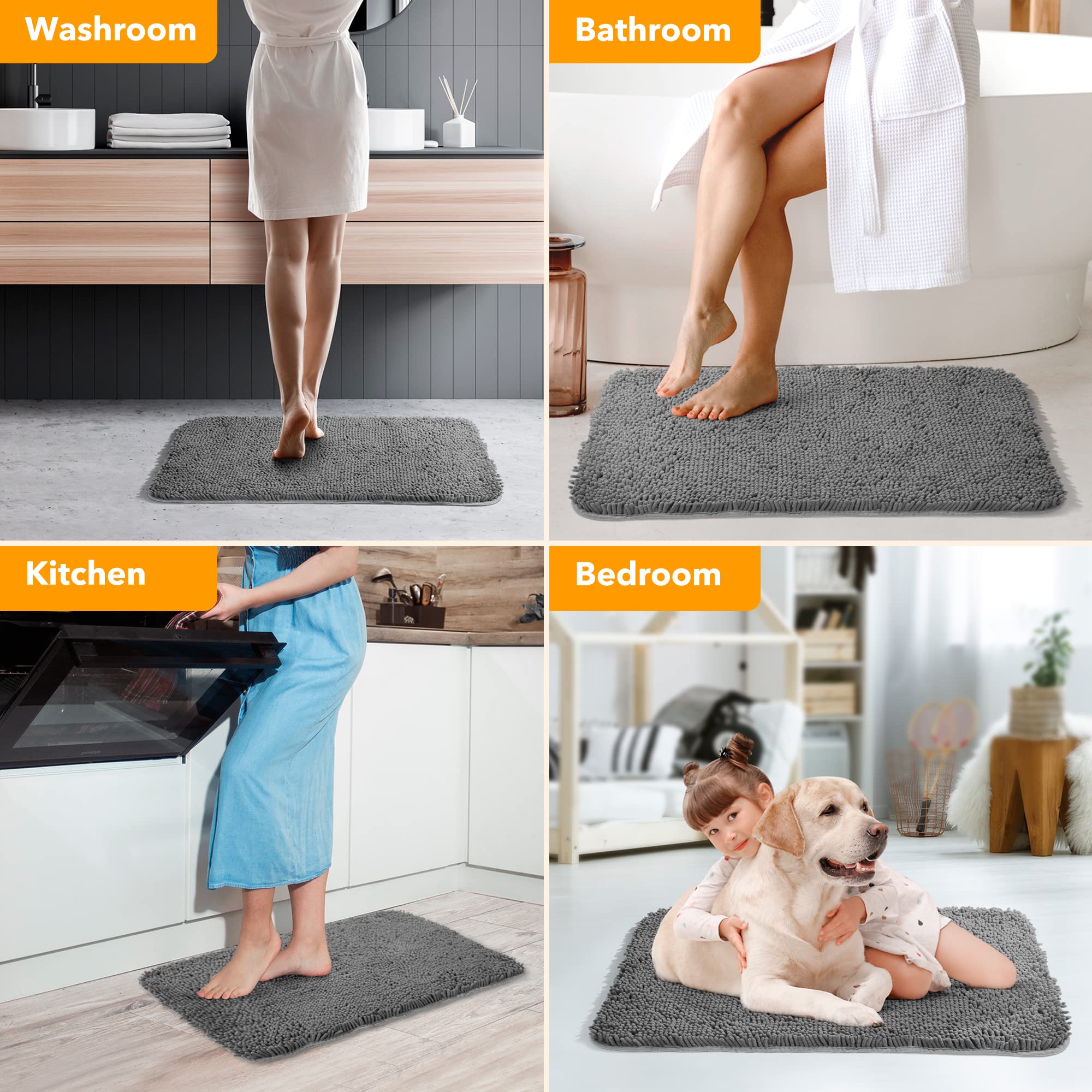 Yeaban Dark Gray Bathroom Rugs - Thick Chenille Bath Mats | Absorbent and Washable Bath Rug Non-Slip  Plush and Soft Rugs for Bathroom  Kitchen  Shower  Sink - 17 '' x 24 ''