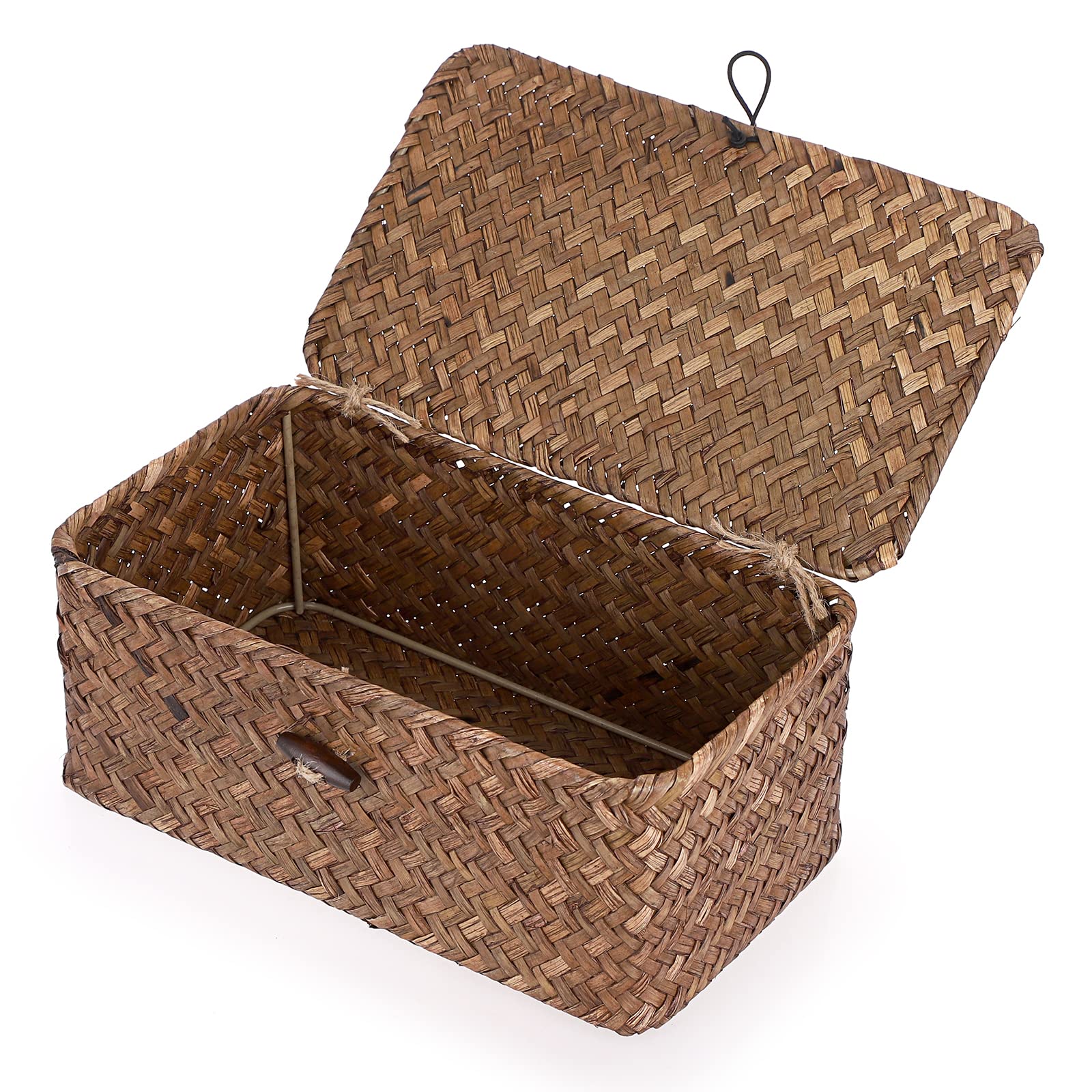 Hipiwe Wicker Shelf Baskets Bin with Lid, Handwoven Seagrass Basket Storage Bins Rectangular Household Basket Boxes for Shelf Wa