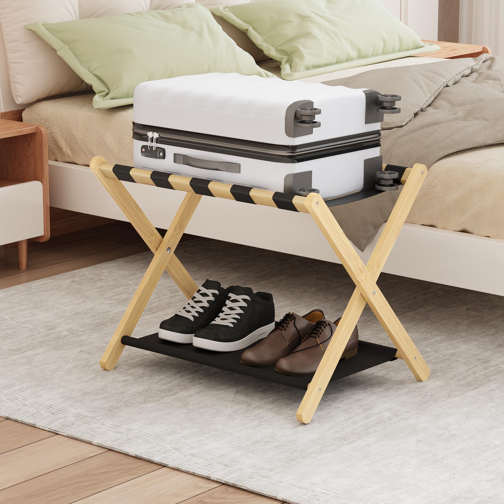 Smuxee Natural Bamboo Luggage Rack For Guest Room, Foldable Suitcase Stand With Storage Shelf, Easily Assembled Luggage Stand Wi