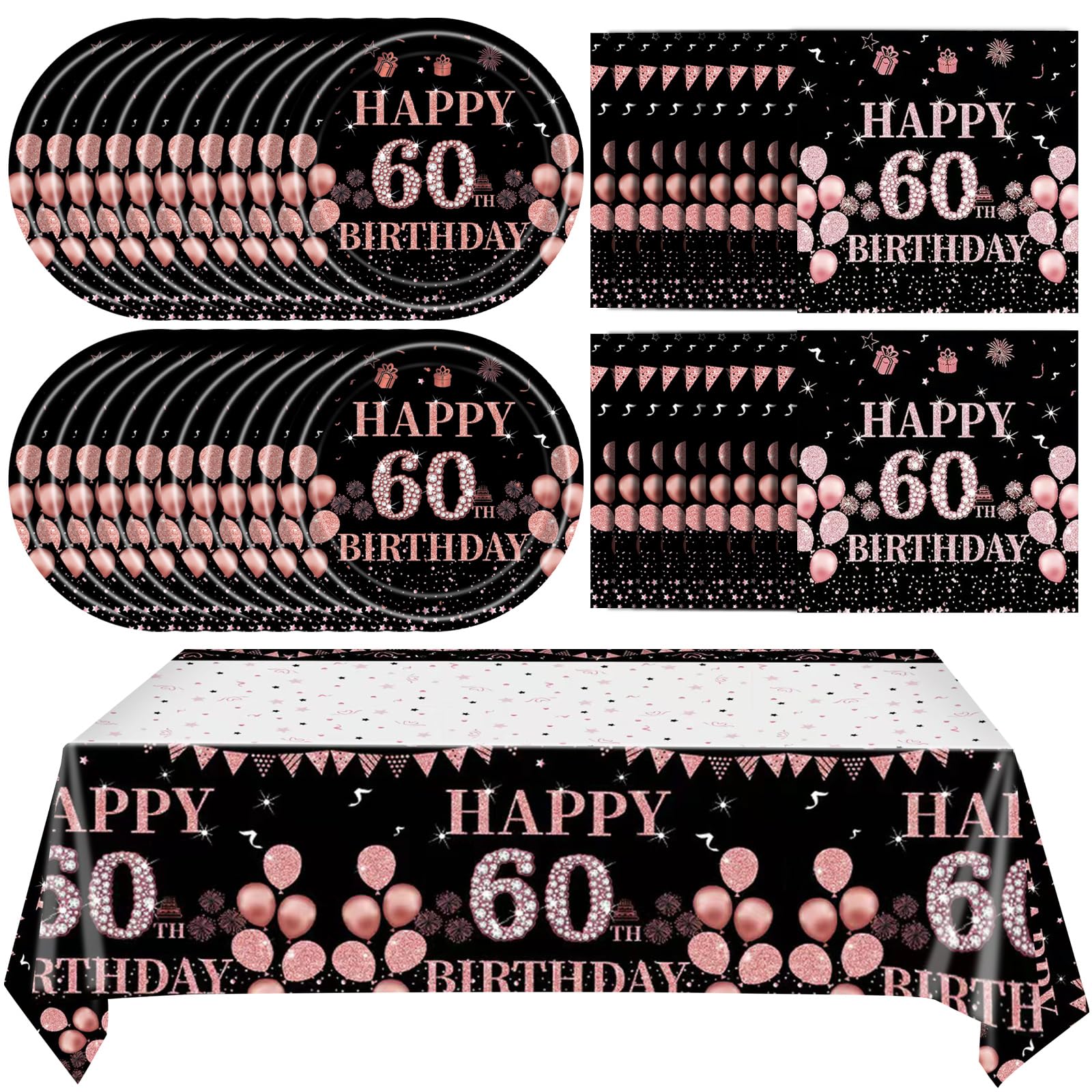 41Pcs 60Th Birthday Decorations For Women, Vintage 60 Birthday Black And Rose Gold Disposable Paper Plates And Napkins Party Sup