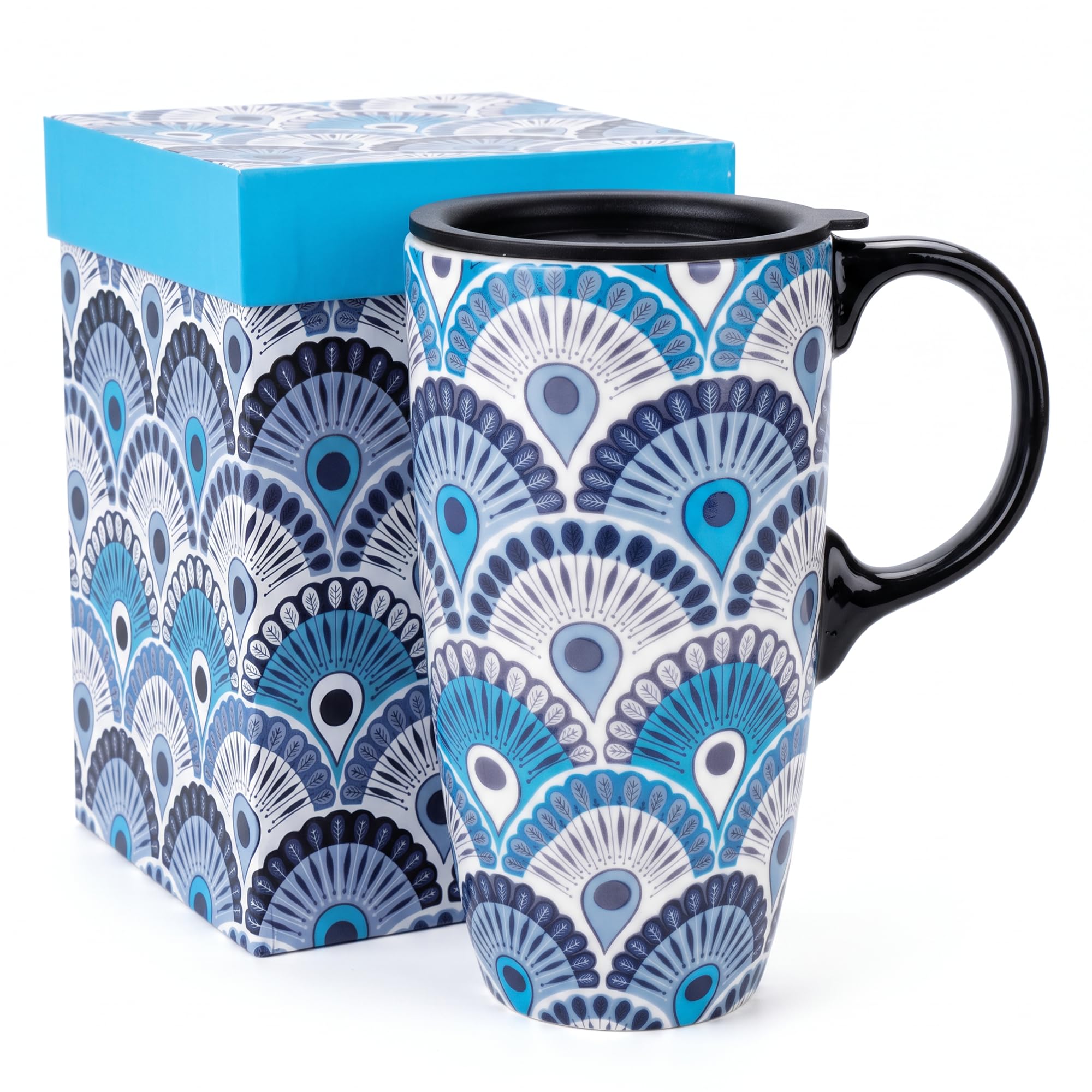 Topadorn 17oz Ceramic Travel Mug with Lid, Blue Geometric Coffee Mug