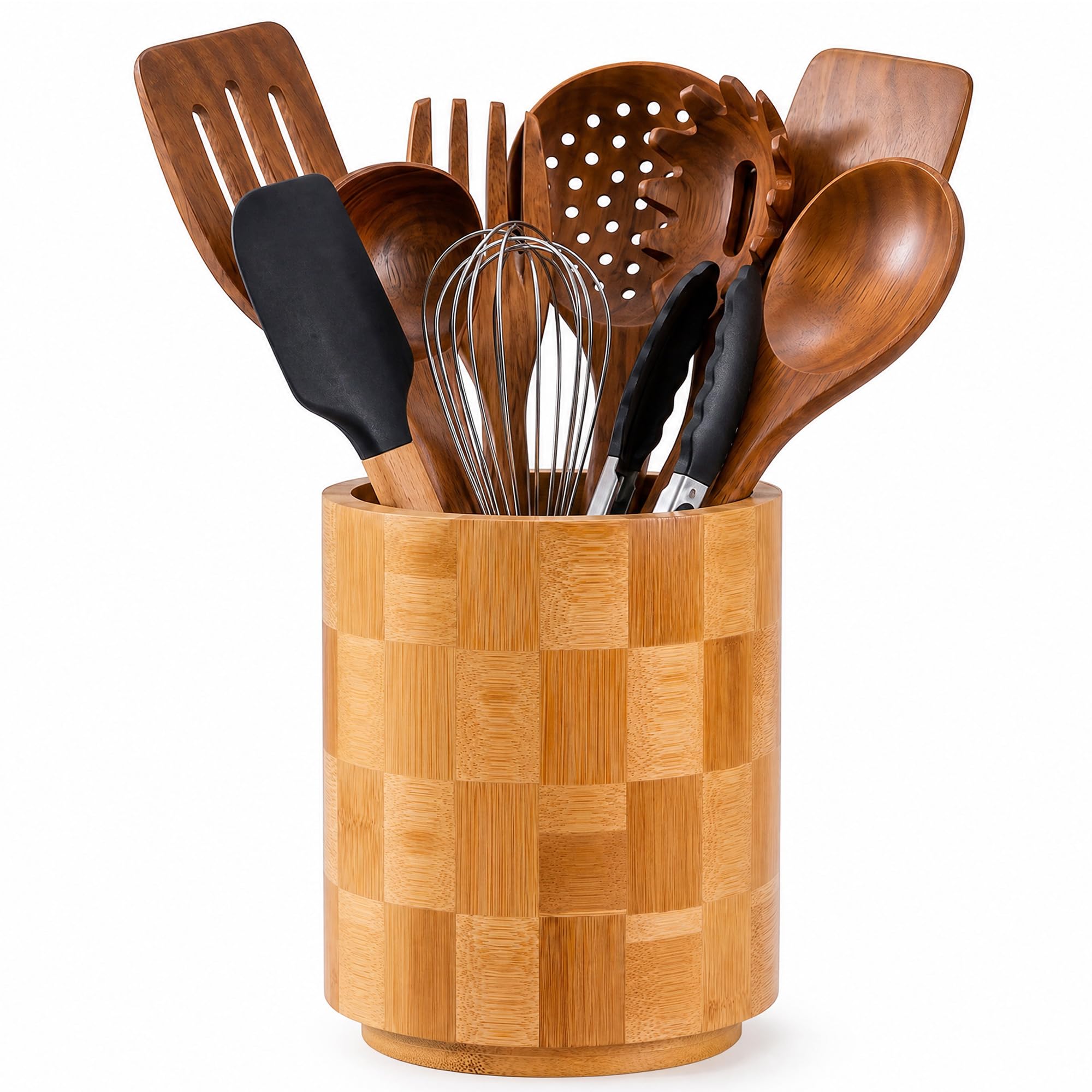 Metflavor 360 Rotating Checkered Bamboo Utensil Holder for Countertop