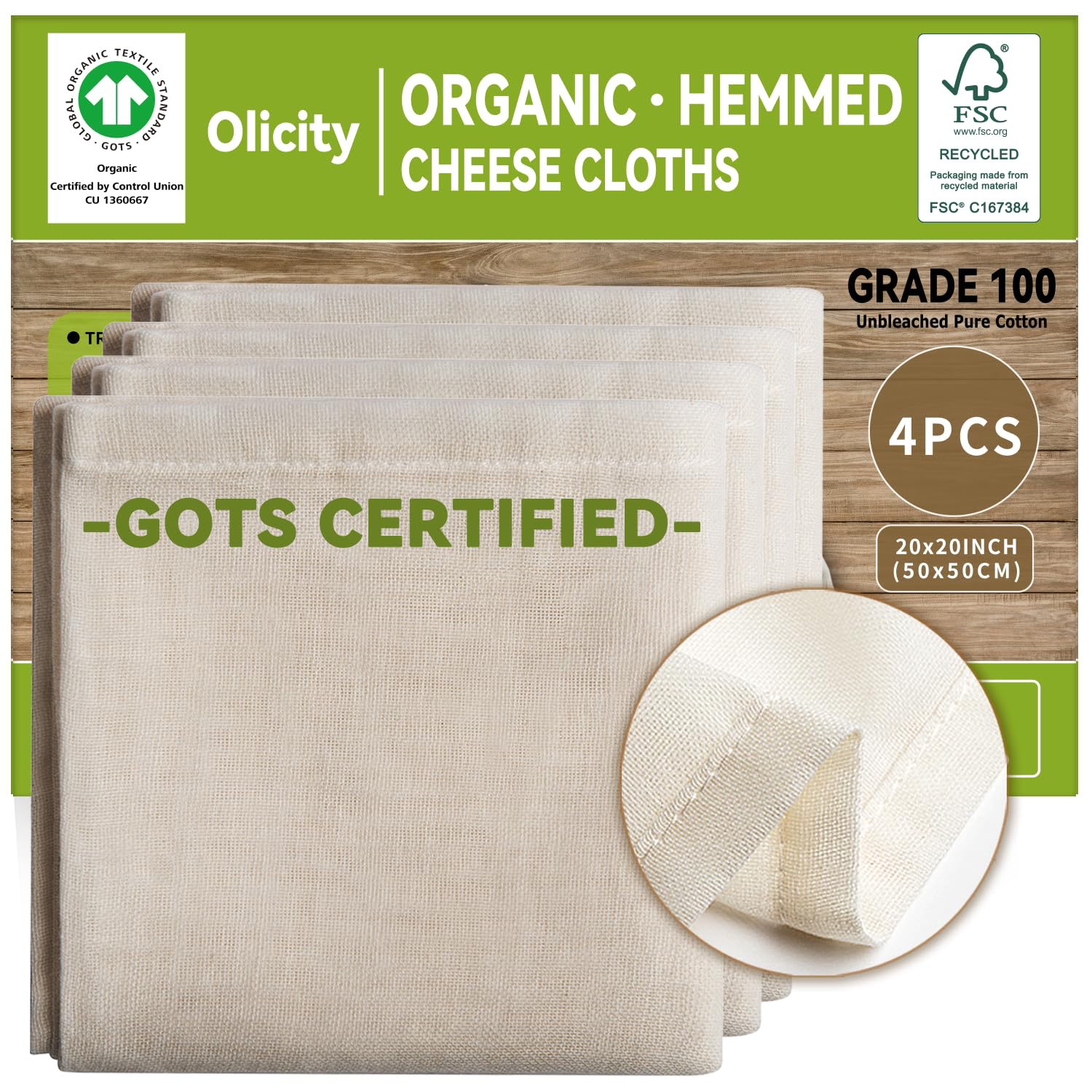 Organic Cheese Cloths, GOTS Certified, 4Pack, Grade 100,20x20Inch Hemmed Cheese Cloth Fabric Reusable Fine Mesh Cloth, 100% Cott