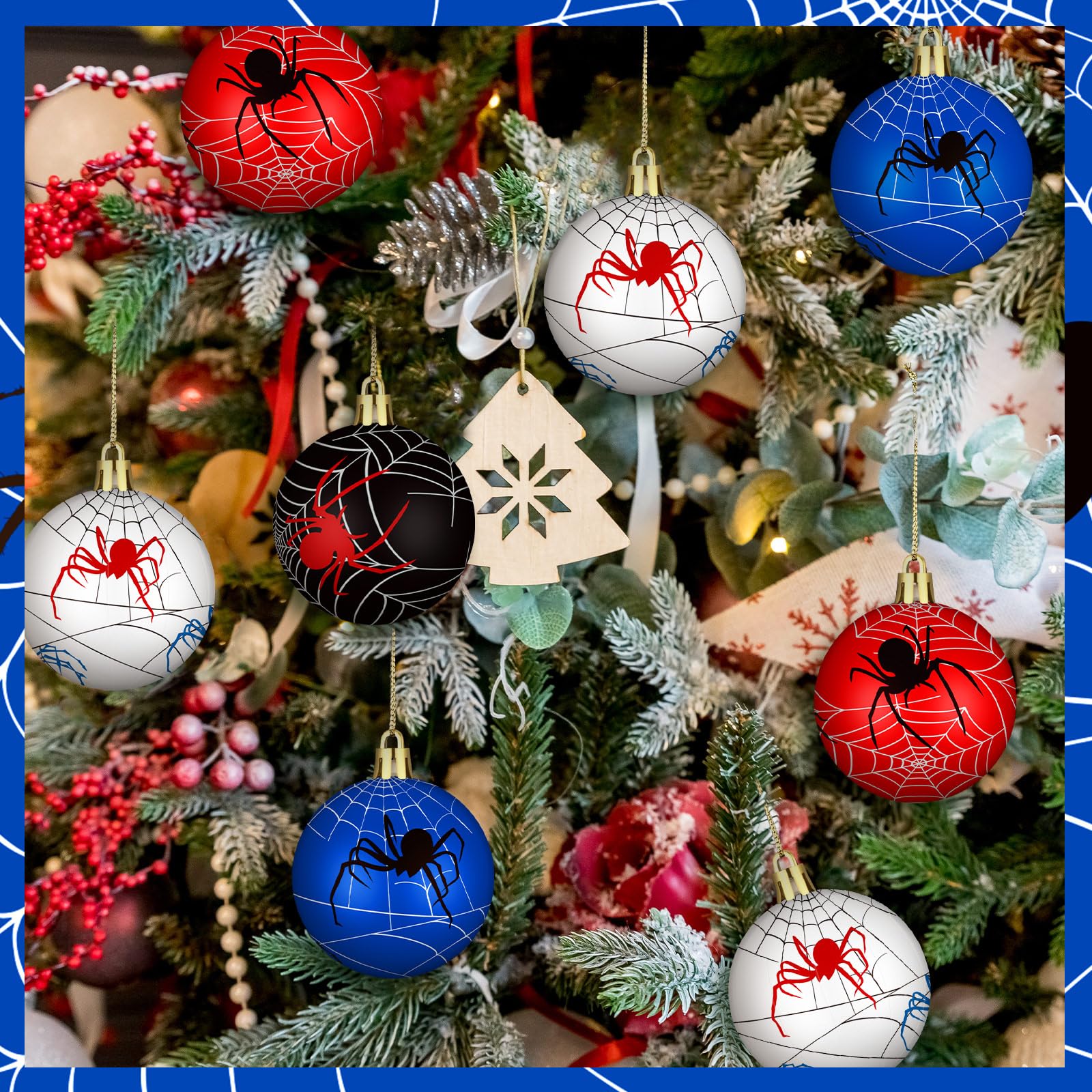 Syhood 12 Pcs 2.4'' Spider Christmas Ball Ornaments Christmas Tree Balls Foam Hanging Decoration Spider Web Pattern Xmas Party S