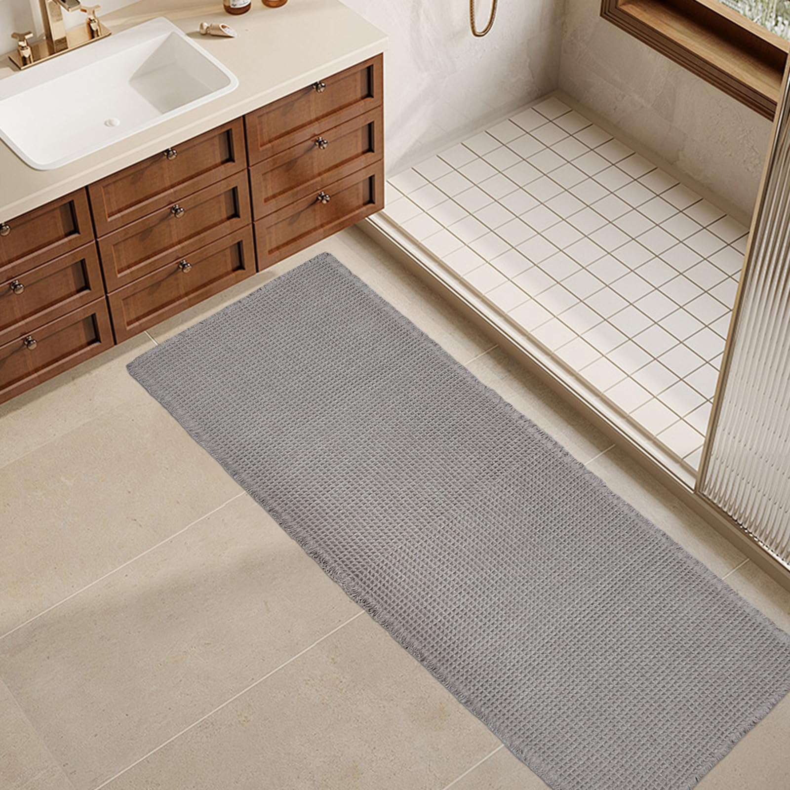 Zall Grey Waffle Bath Mat,Super Absorbent Non Slip Long Bathroom Runner Rug,Gray 24X72Inch,Machine Washable Ultra Soft Floor Mat