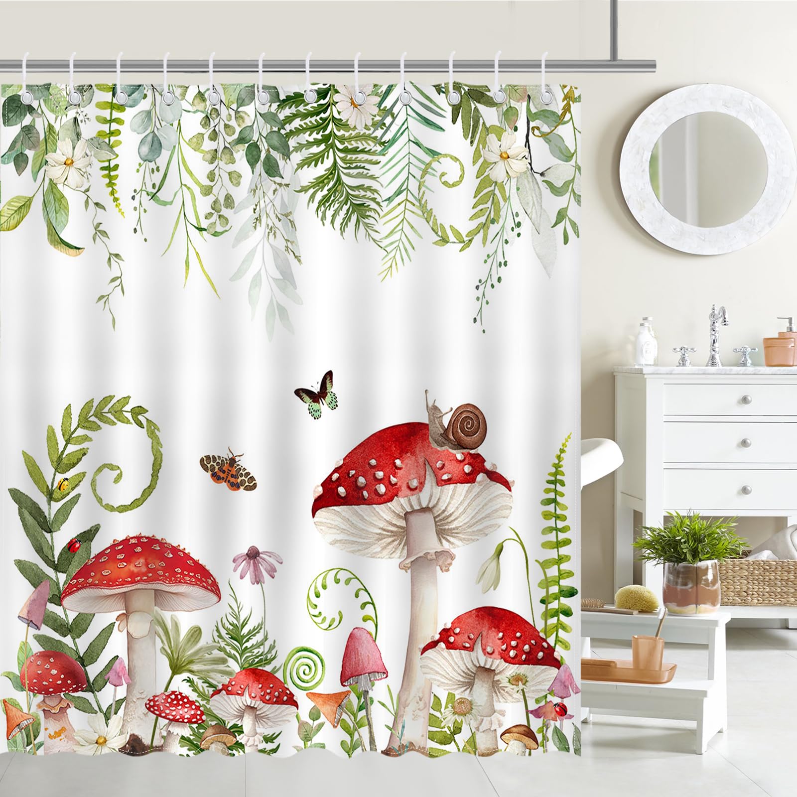 Mocsicka Mushroom Shower Curtain Retro Mushroom Green Plant Bathroom Shower Curtain Mushroom Botanical Aesthetic Waterproof Fabr