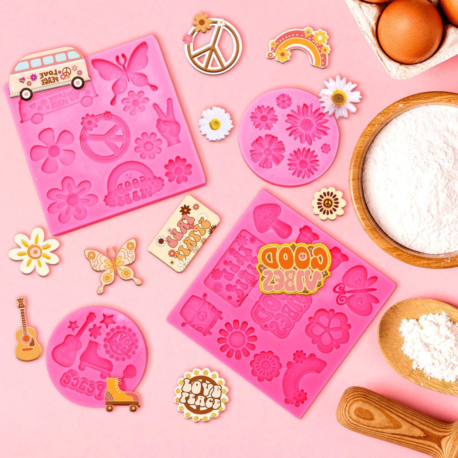 Bokon 4 Pcs Groovy Silicone Molds Fondant Molds Peace Sign Silicone Mold Hippie Rainbow Flower Chocolate Mold For Groovy Hippie