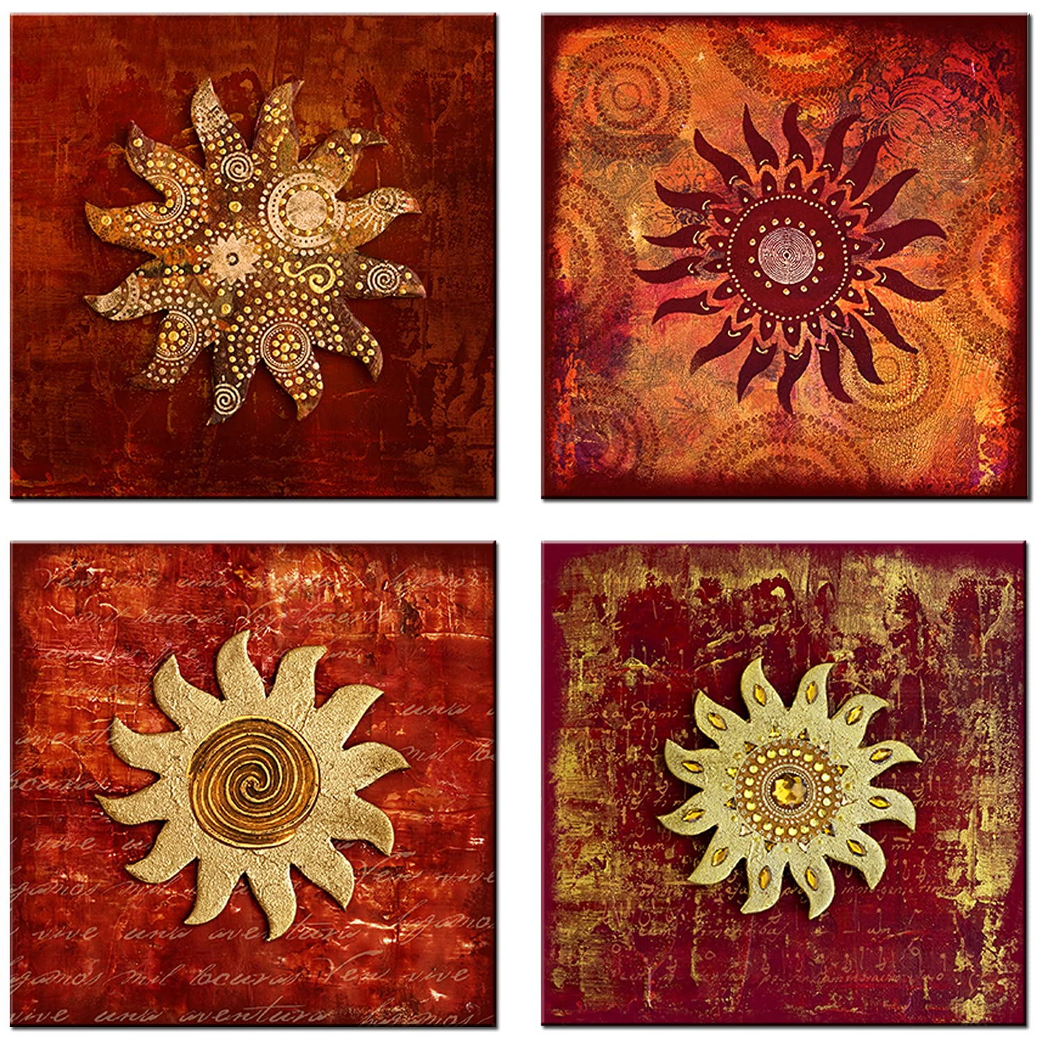 Vintage Flowers Pattern Canvas Prints Wall Art For Bathroom 4 Piece Framed Artwork Abstract Red Sunflower Picture Ready To Hang