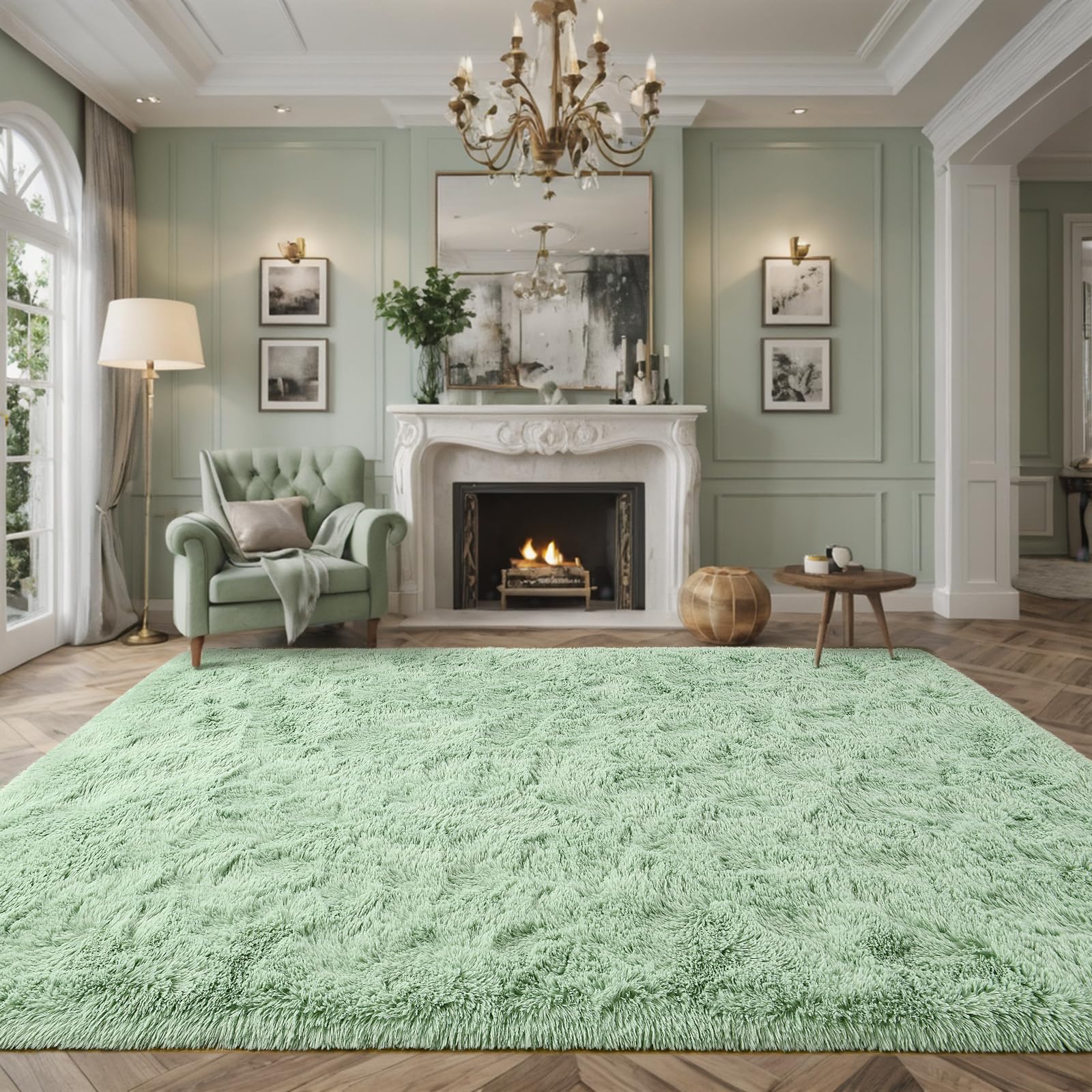 Larhom Fluffy Fuzzy Sage-Green Rugs for Bedroom, 8x10 Feet Soft Non Slip Plush Area Rug for Living Room, Kids Room, Indoor Moder