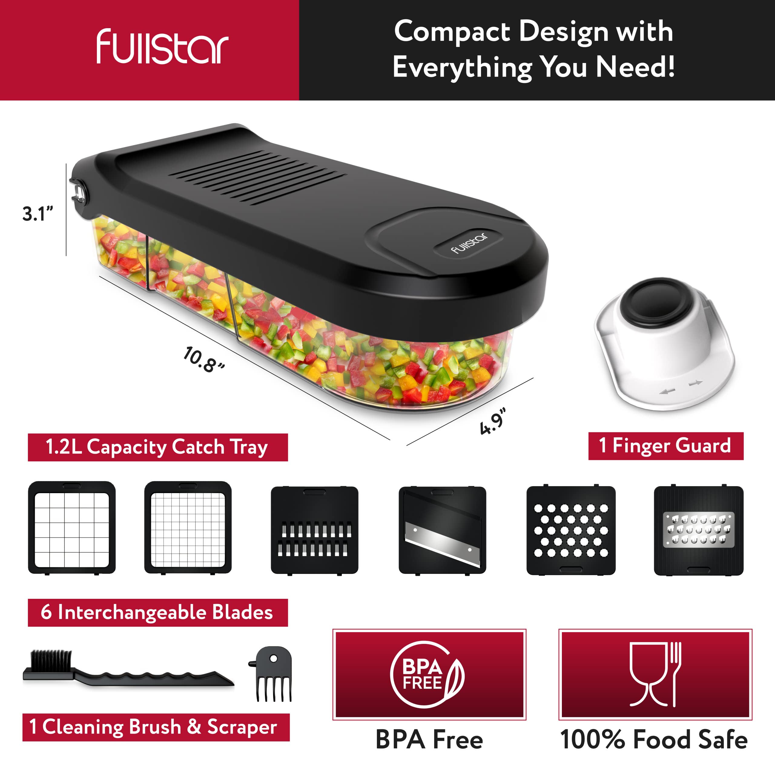 Fullstar Mandoline Slicer - 6-in-1 Vegetable Chopper, Stainless Steel, White/Black, Compact Model