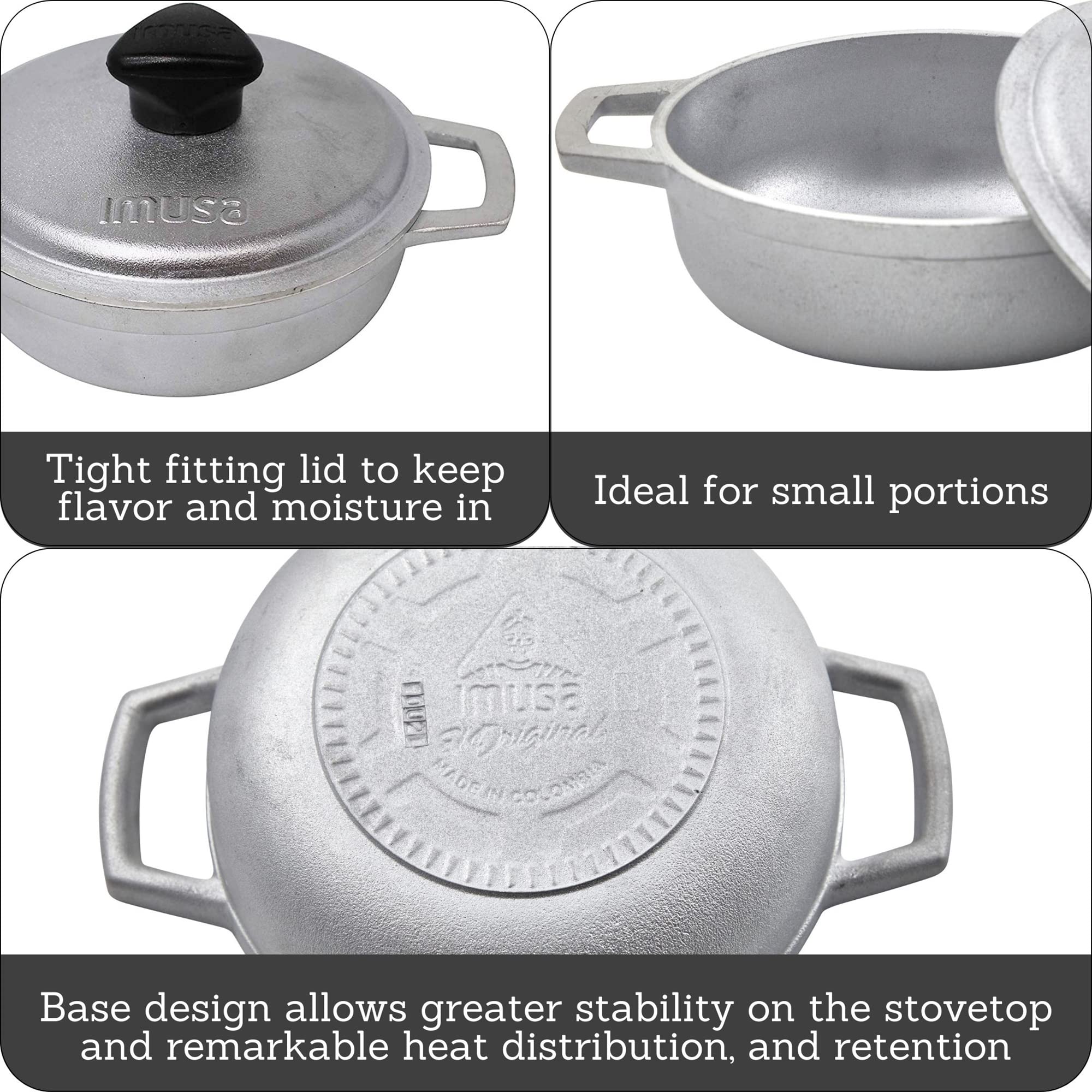 Imusa 0.5Qt Mini Cast Aluminum Traditional Caldero Set With Lid,Silver