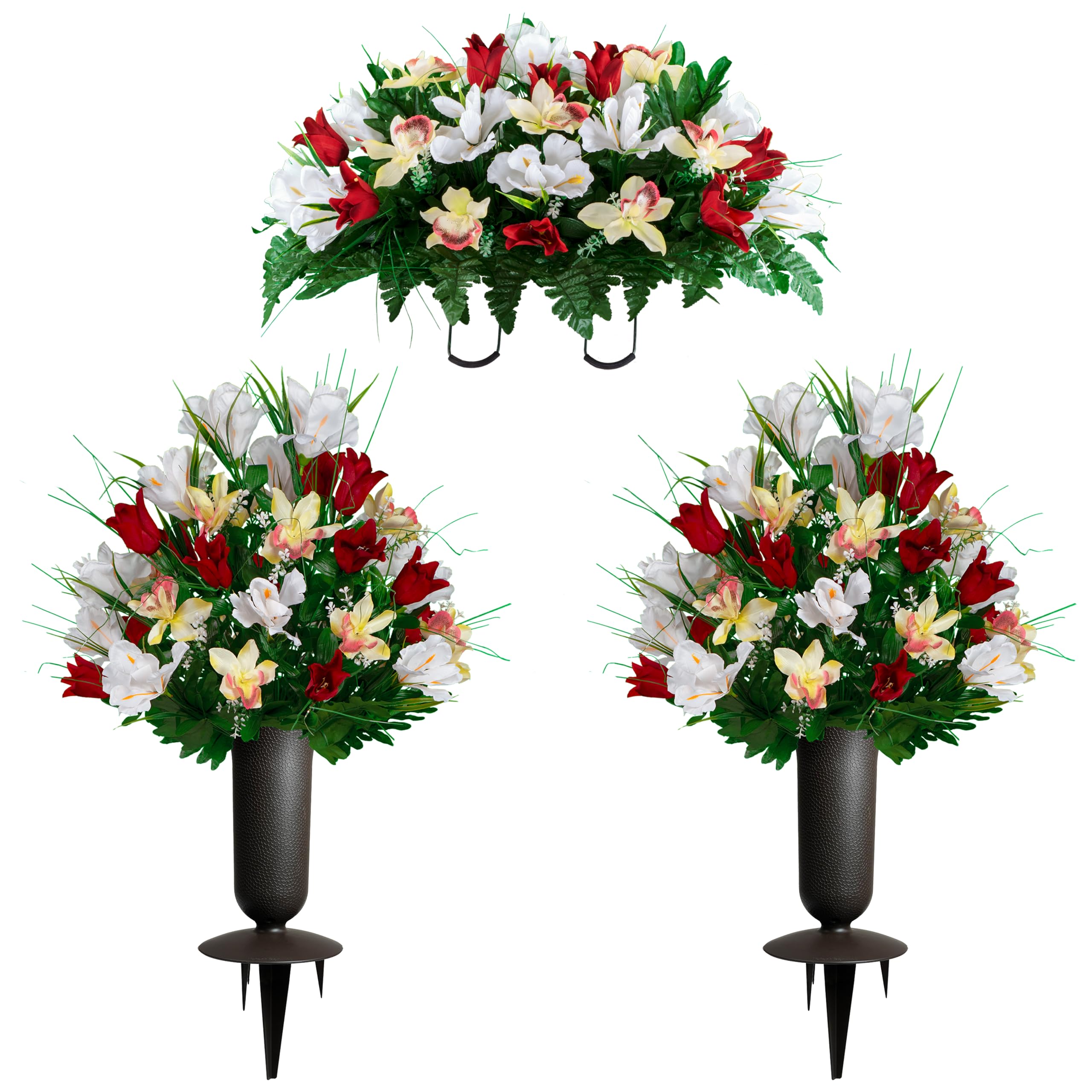 Sympathy Silks Artificial Cemetery Flowers - Realistic Vibrant Tulips Outdoor Grave Decorations - 2 Red Tulip White Iris Bouquet