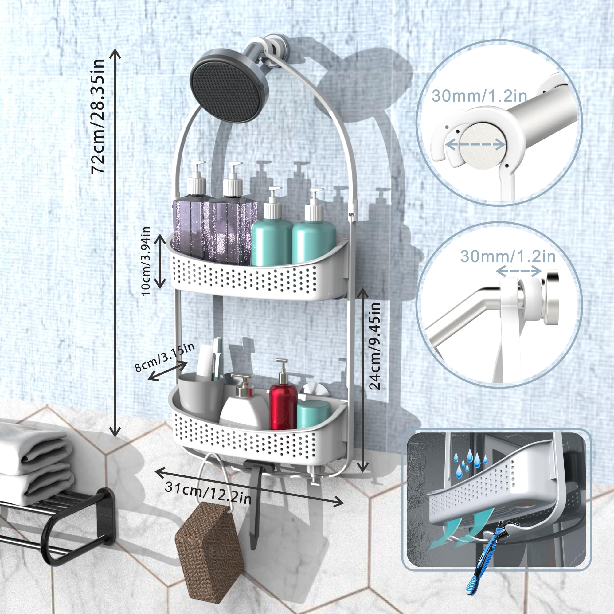Emt Etrends Shower Caddy Hanging, Anti-Swing Over Head Shower Caddy,Plastic Bathroom Organizer, Multiple Hanging Modes Shelf Wit