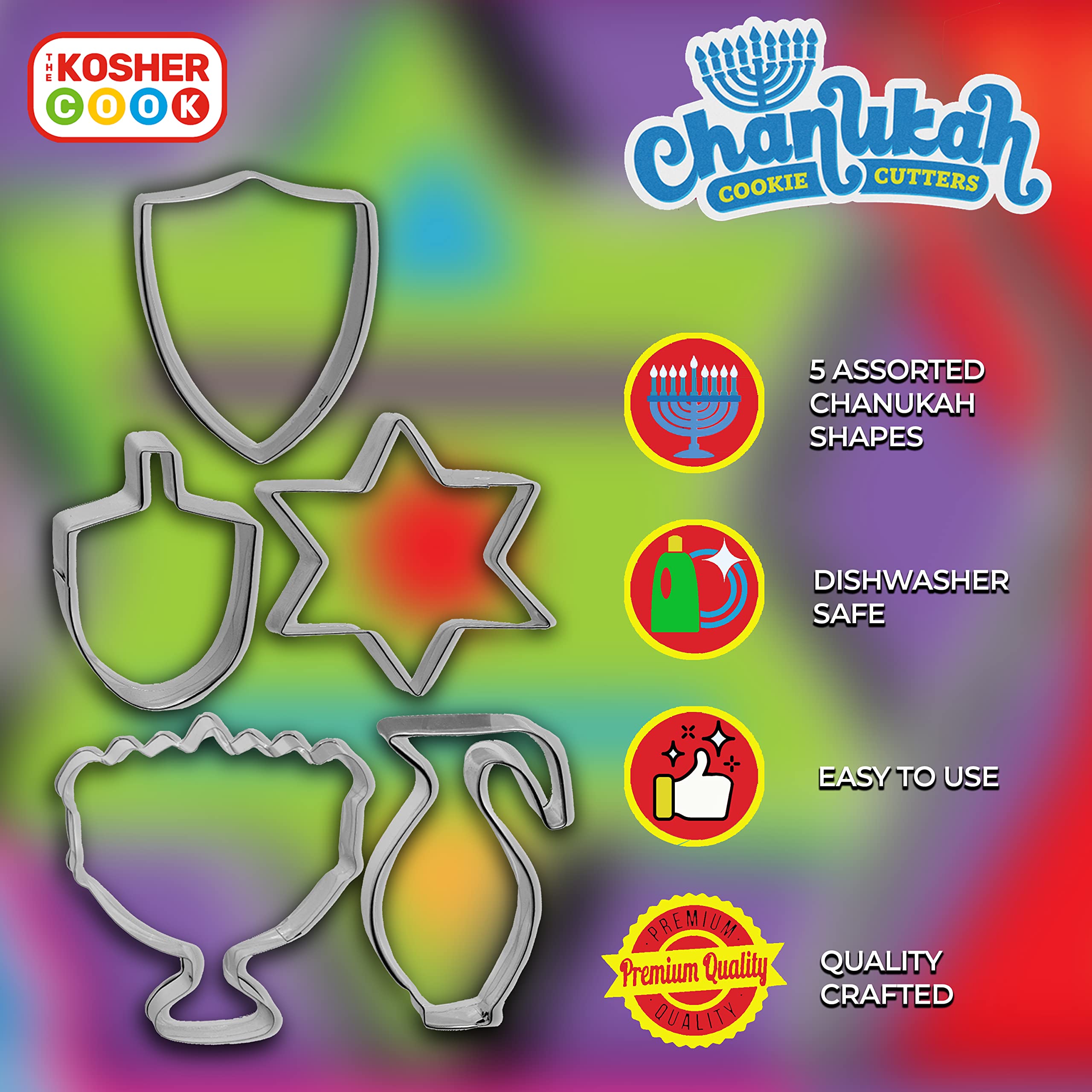 The Kosher Cook Hanukkah Cookie Cutters Set - 5 Piece Stainless Steel, Standard Size, Silver