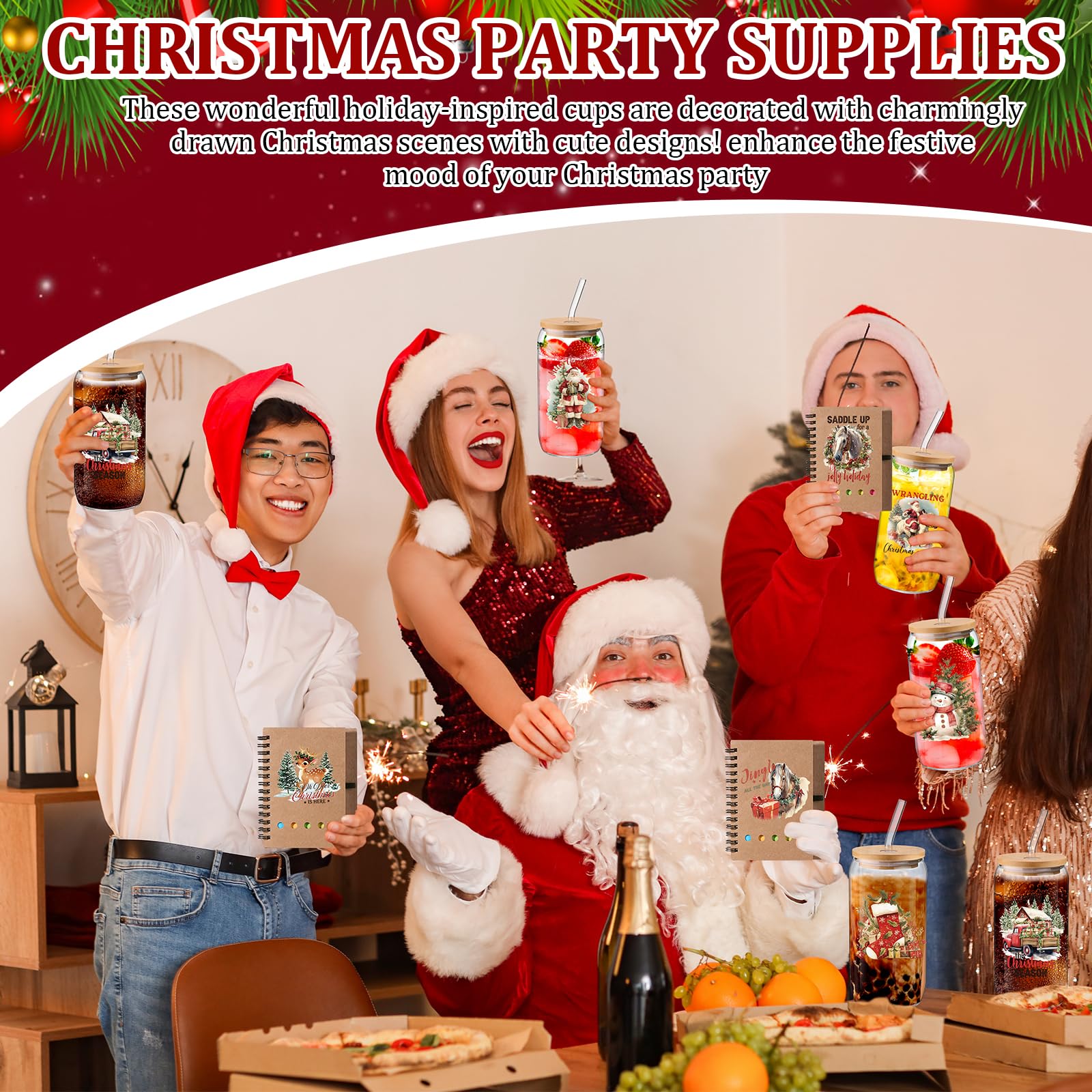 Skylety 12 Set Christmas Gifts Bulk 16 oz Santa Glass Cups with Lids Straws Xmas Notebook Sticky Note Pens for Women Students Sc