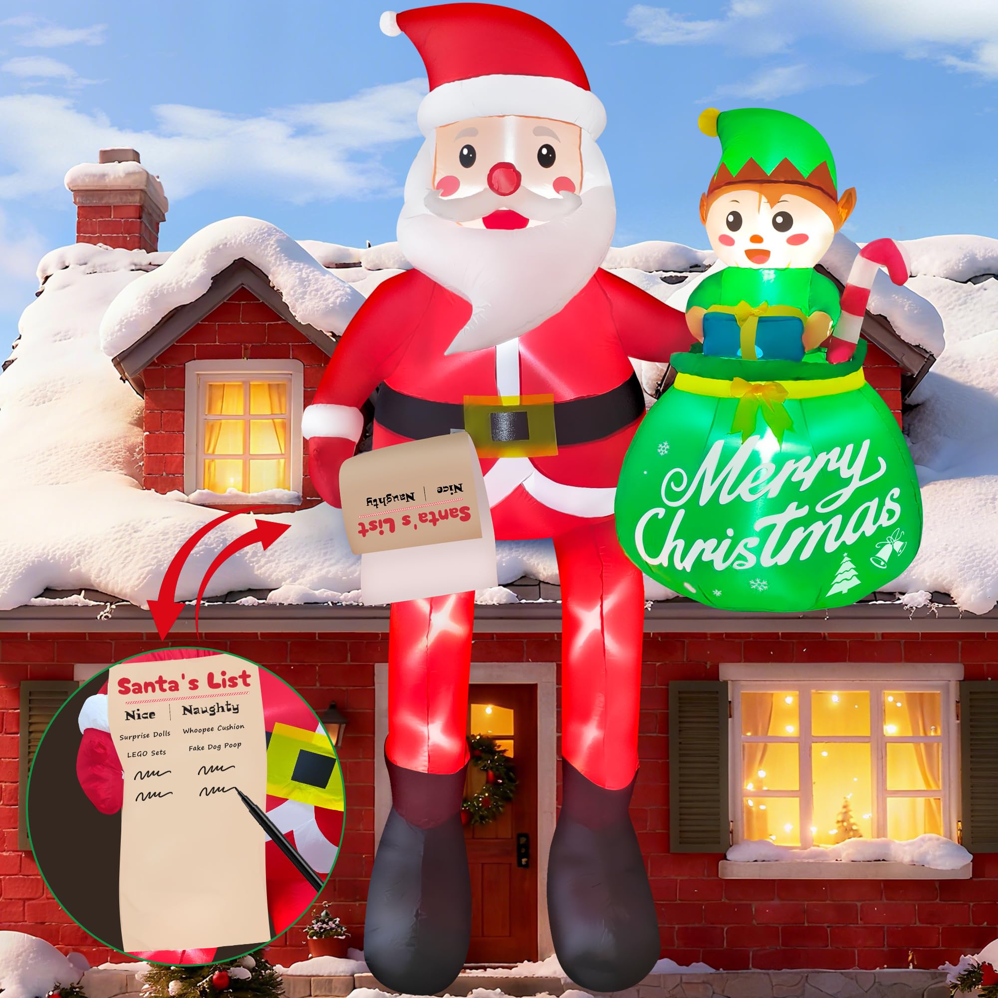 CORALMEE 10FT Christmas Inflatable Santa Claus Outdoor Decorations, Climbing Santa Inflatable Yard Decor with Elf & Built-in LED