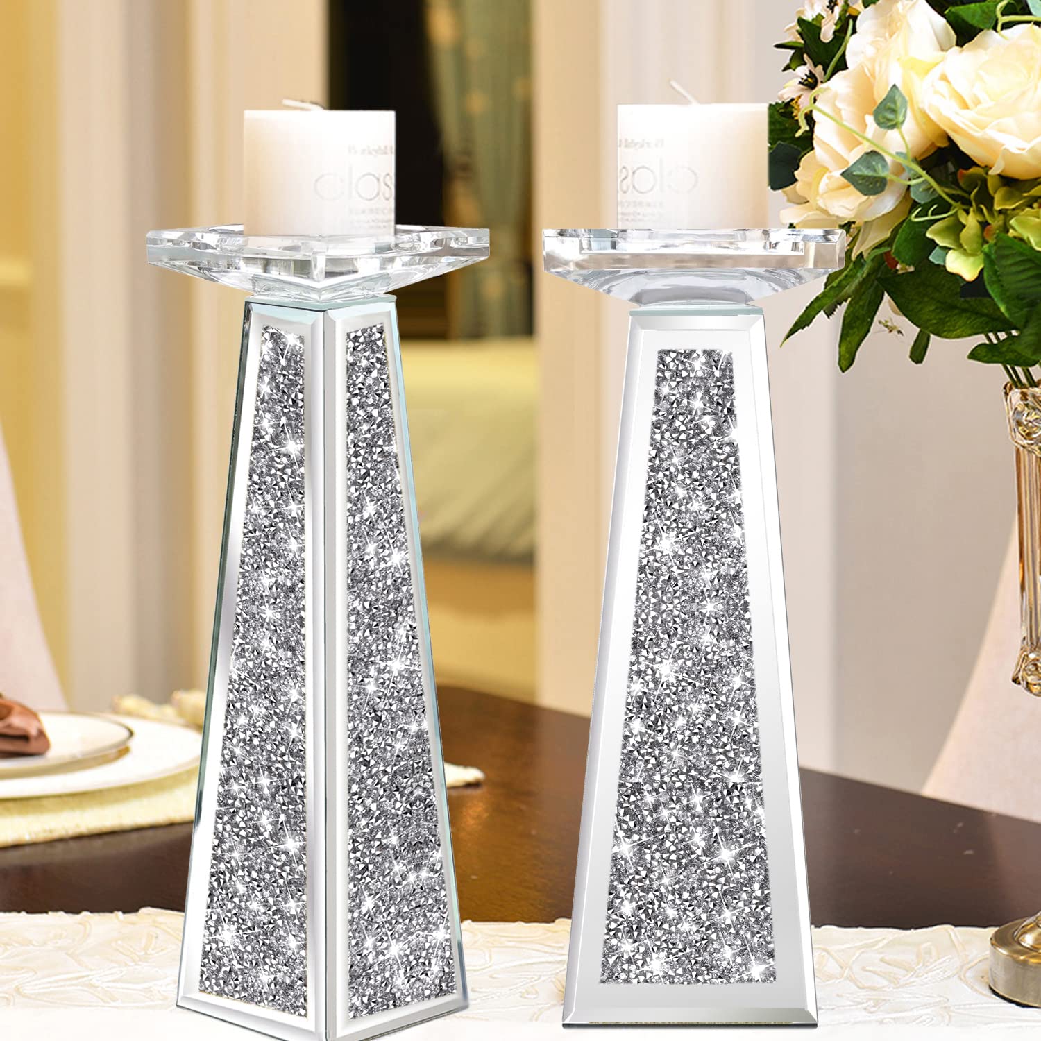 Wocred 2 Piece Candlestick Holders for Holding Pillar Candles, Crystal Crushed Diamond Candle Holders Set Decor for Dinning Room