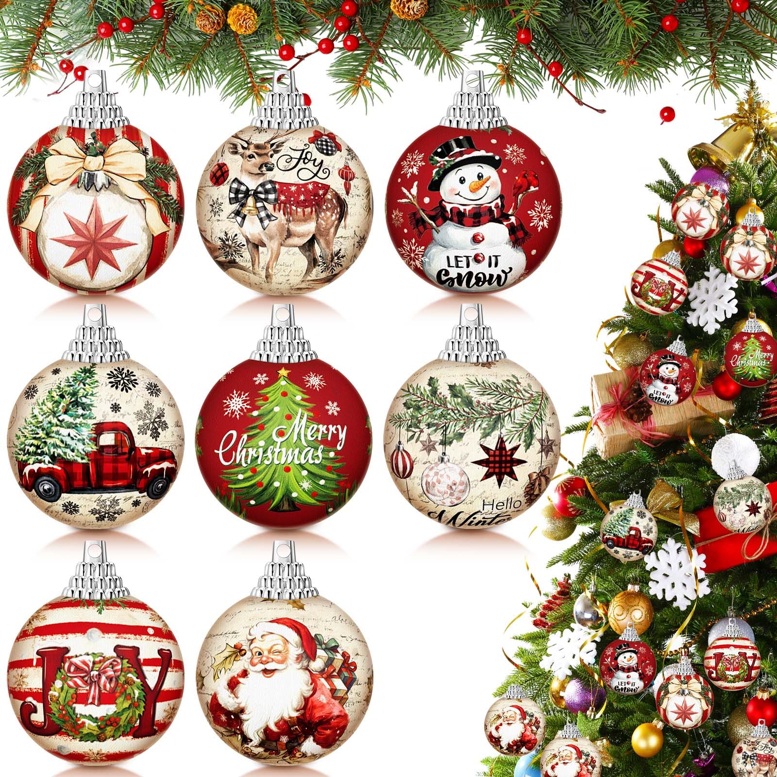 Outus 16 Pcs Christmas Ball Ornaments for Tree Merry Christmas Snow Joy Hanging Ornaments Xmas Santa Claus Snowman Balls for Tre