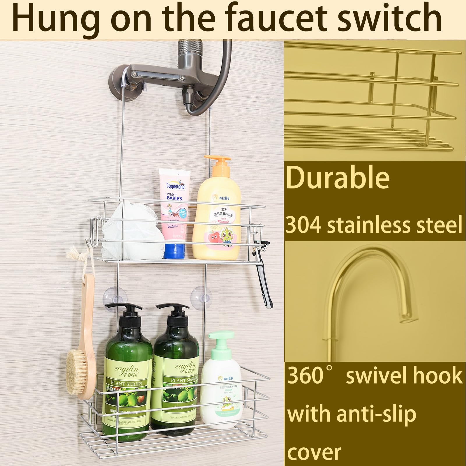 Seltomer Hanging Shower Rack Shower Caddy With Rotatable Hook Bar Over The Door And Can Be Hung On The Faucet Or Claw Foot, 304