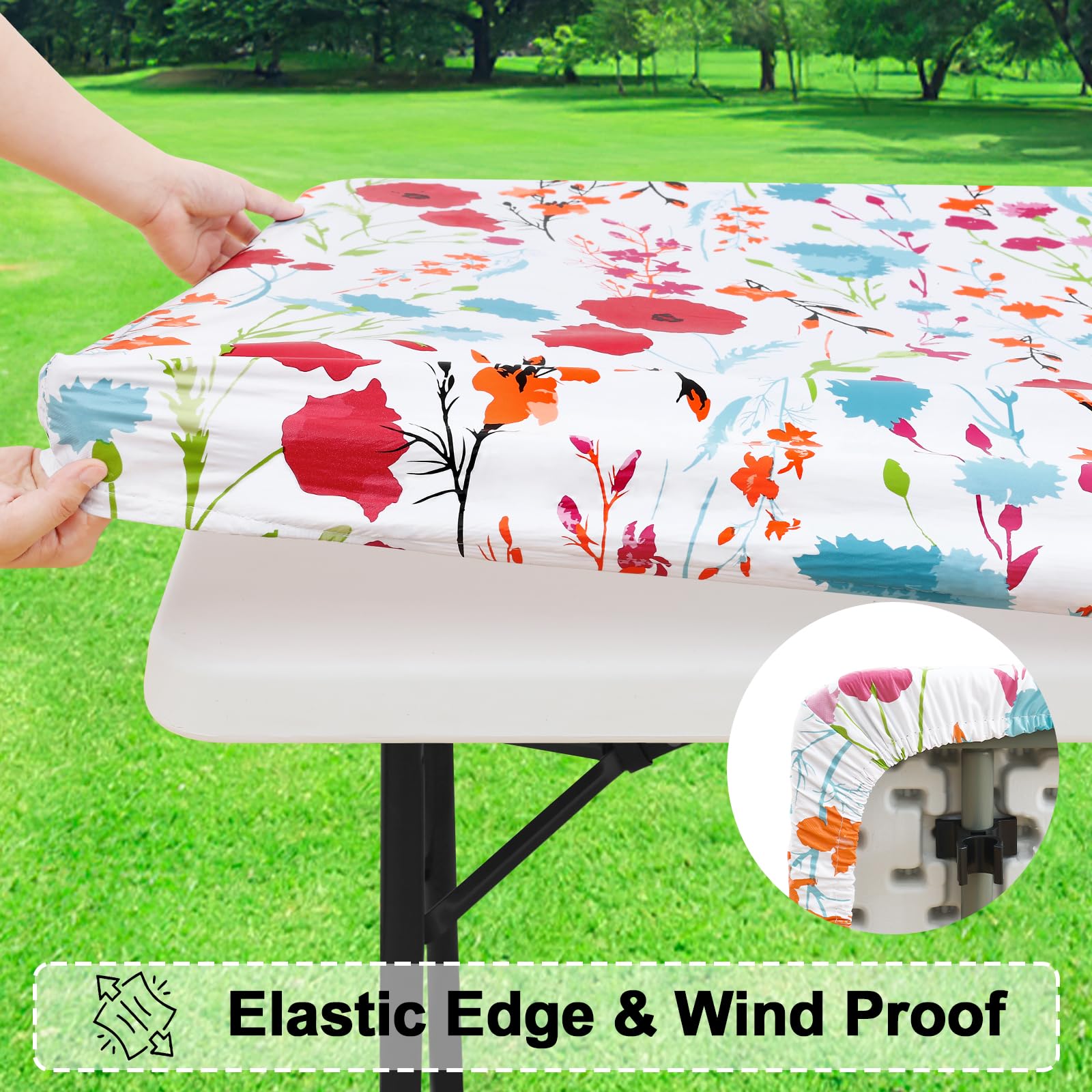 Misaya Rectangle Vinyl Tablecloth, Fitted Table Cover, 100% Waterproof, Elastic Edge, Flannel Backing, Plastic Table Cloth Fit 4