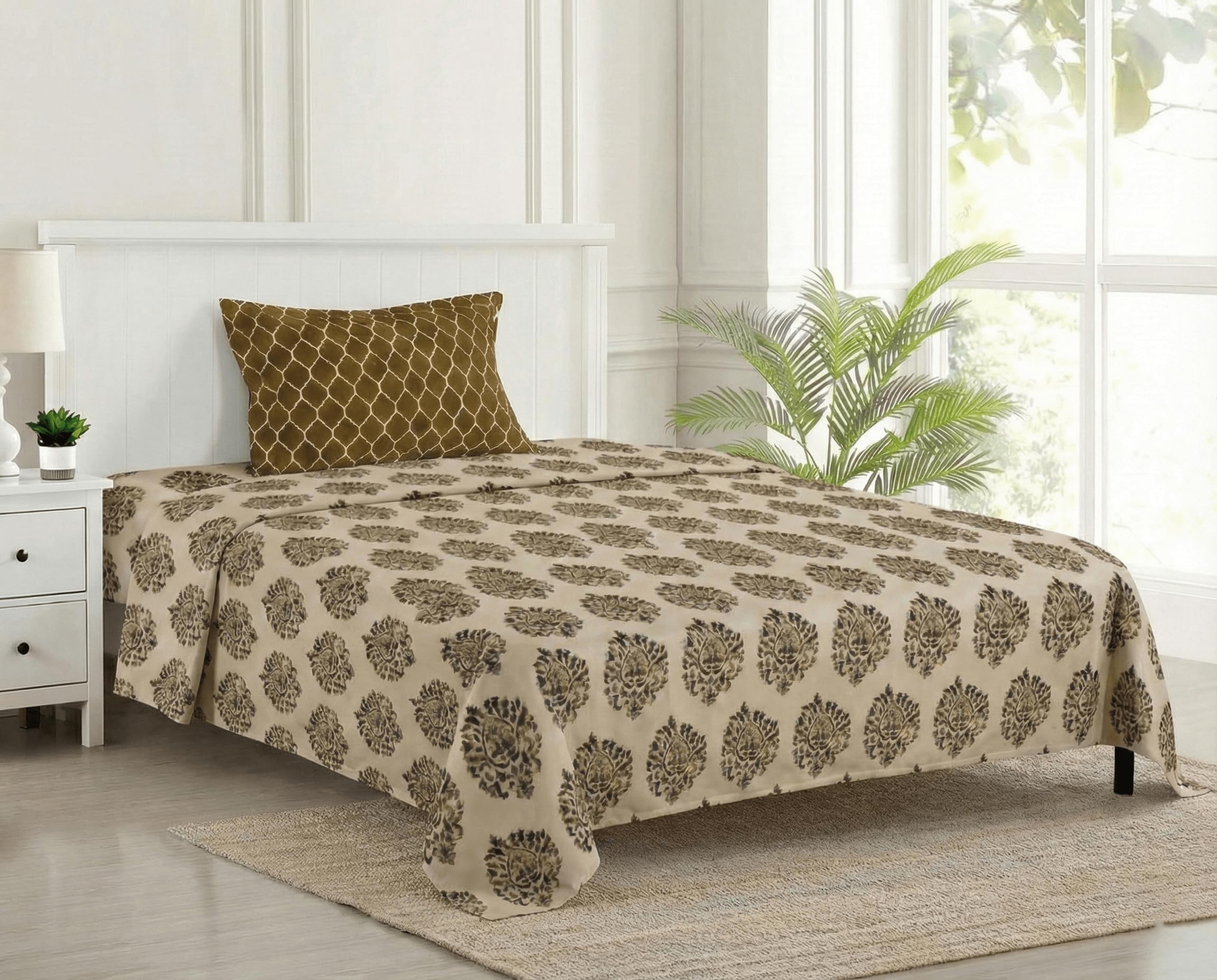 Trance Home Linen 200 Tc | 100% Cotton Printed Flat Bedsheet For Single Bed | Rotary Printed Single Bedsheet And 1 Pillow Cover(
