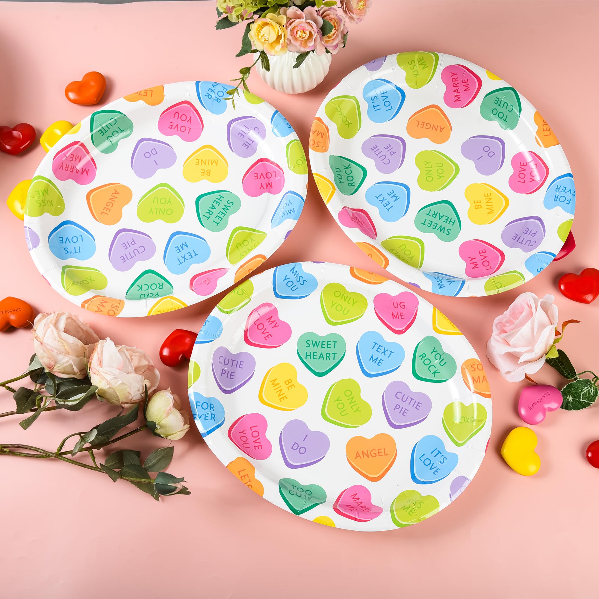 Aimfun 50Pcs Conversation Heart Oval Paper Plates Valentine'S Day Disposable Party Plates Colorful Hearts 10'' X 12'' Dinner Ser