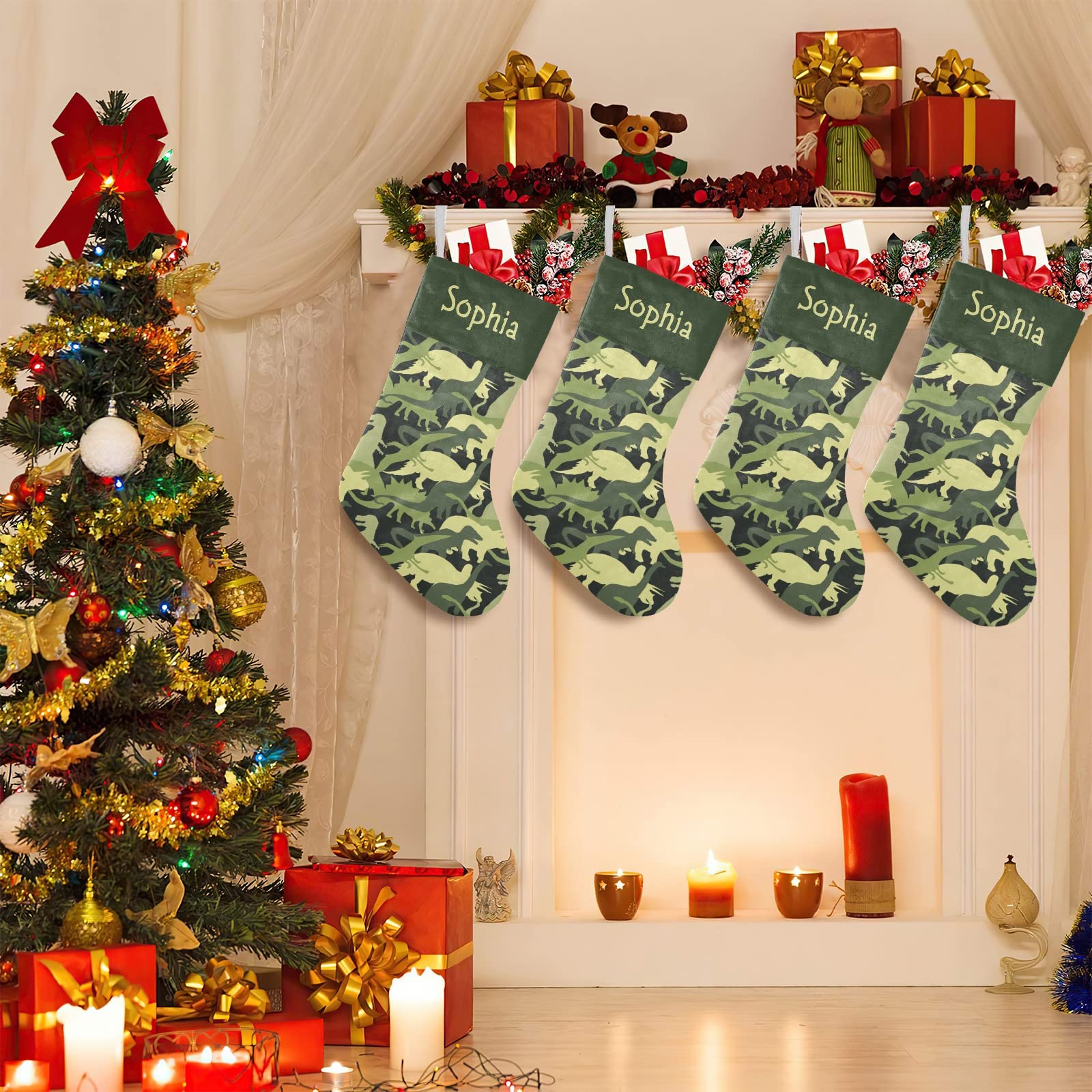 Personalized Custom Name Christmas Stockings Camouflage Dinosaur Holiday Birthday Decor for Kid Pets 17.52 x 7.87 Inch