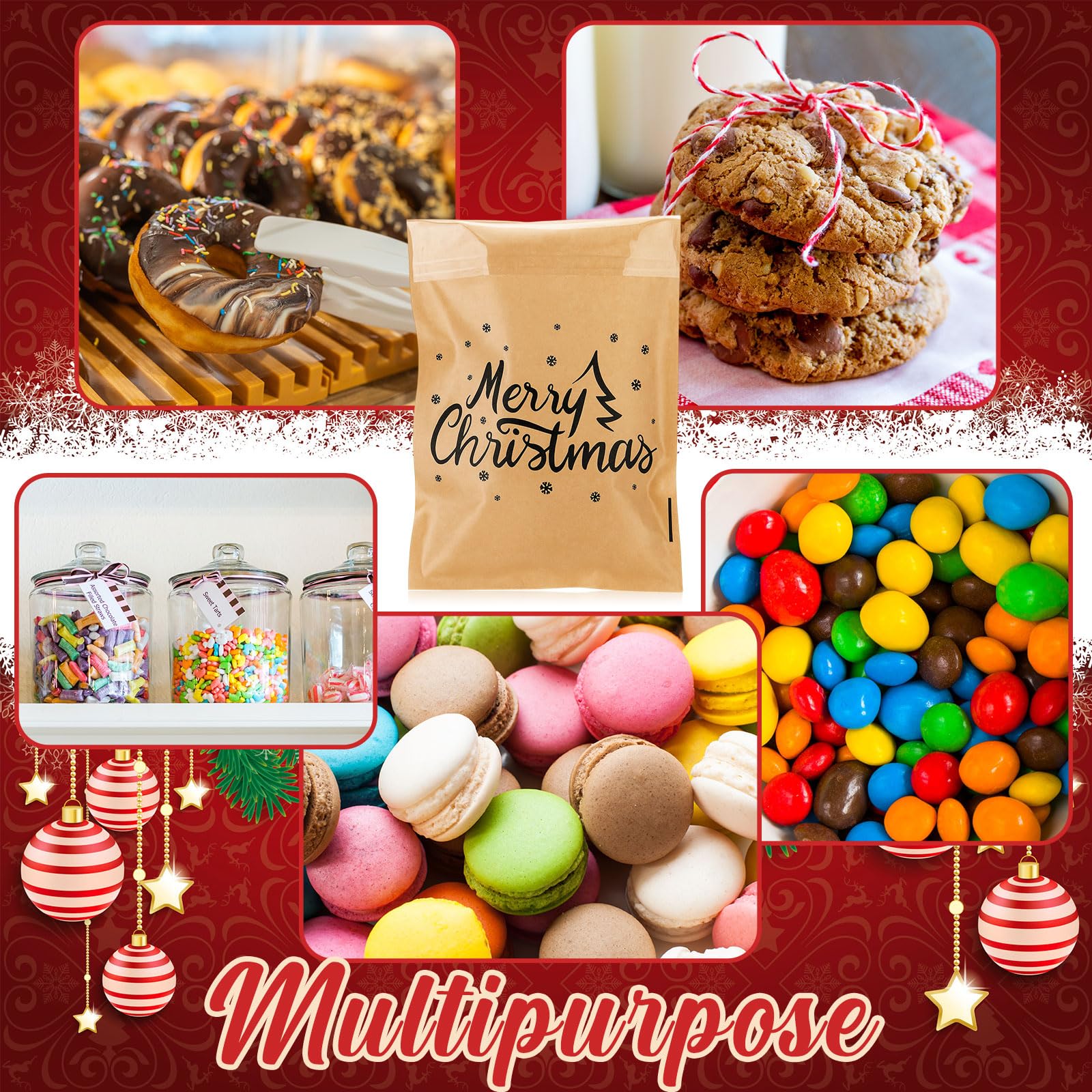 MotiMind 100 Pcs Clear Merry Christmas Cookie Bags Front Paper Self Adhesive Gift Bags Xmas Kraft Paper Treat Candy Container fo