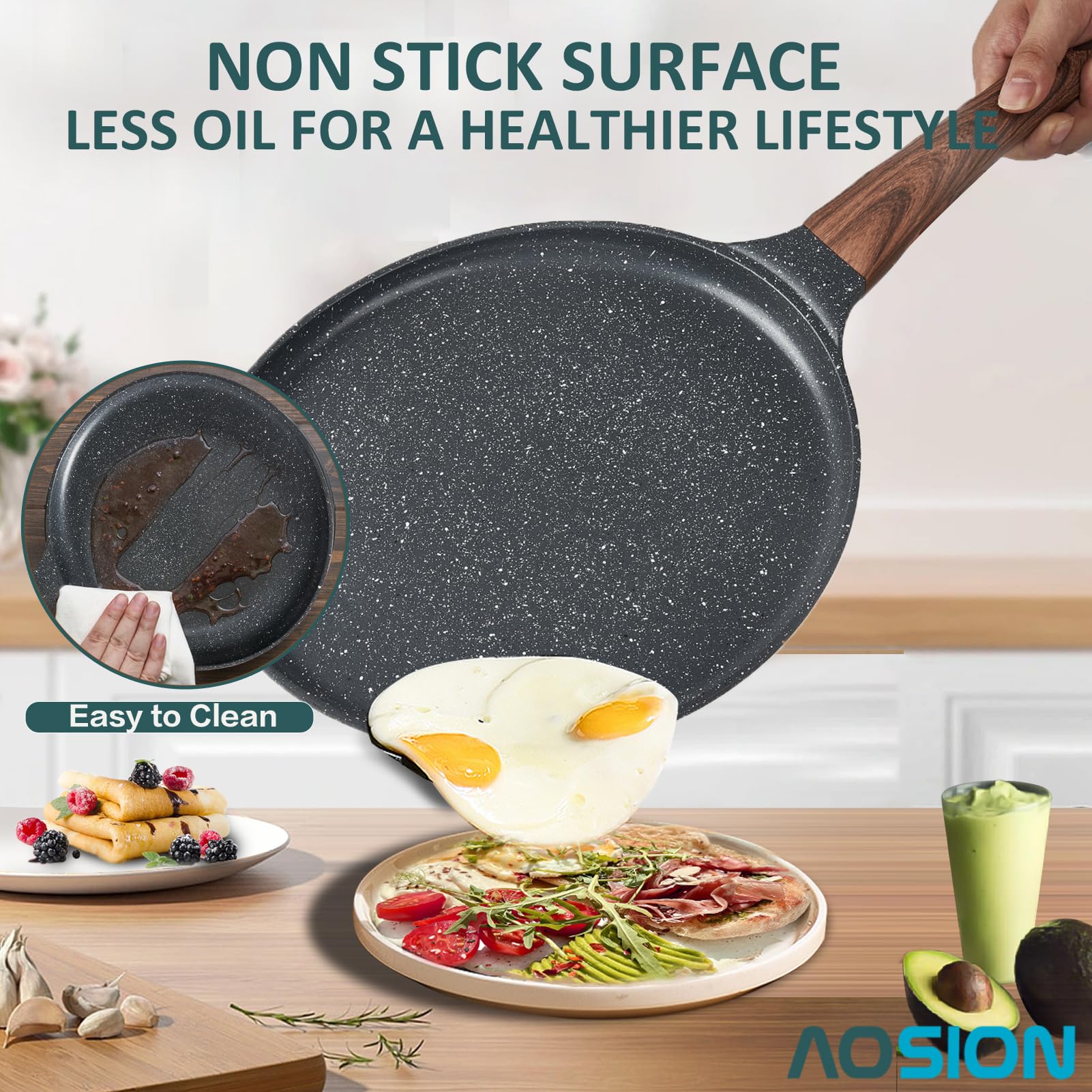 Aosion 11 Inch Crepe Pan Nonstick Dosa Tawa Pan,Skillet Pan,Cast Aluminum Tortilla Pan For Pancake Omelette Steak Frying Egg Wit