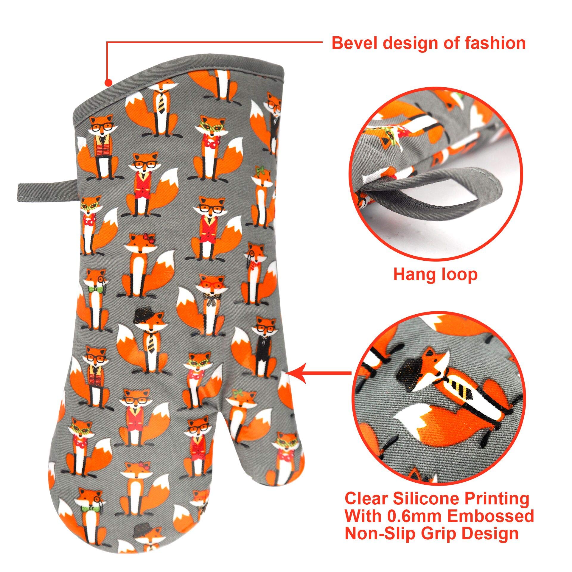 Oven Mitts Gloves 1 Pair Heat Resistant 480 ? Non Slip Clear Silicone Printed Fox Comfortable Cotton Lining Kitchen Women Men Co