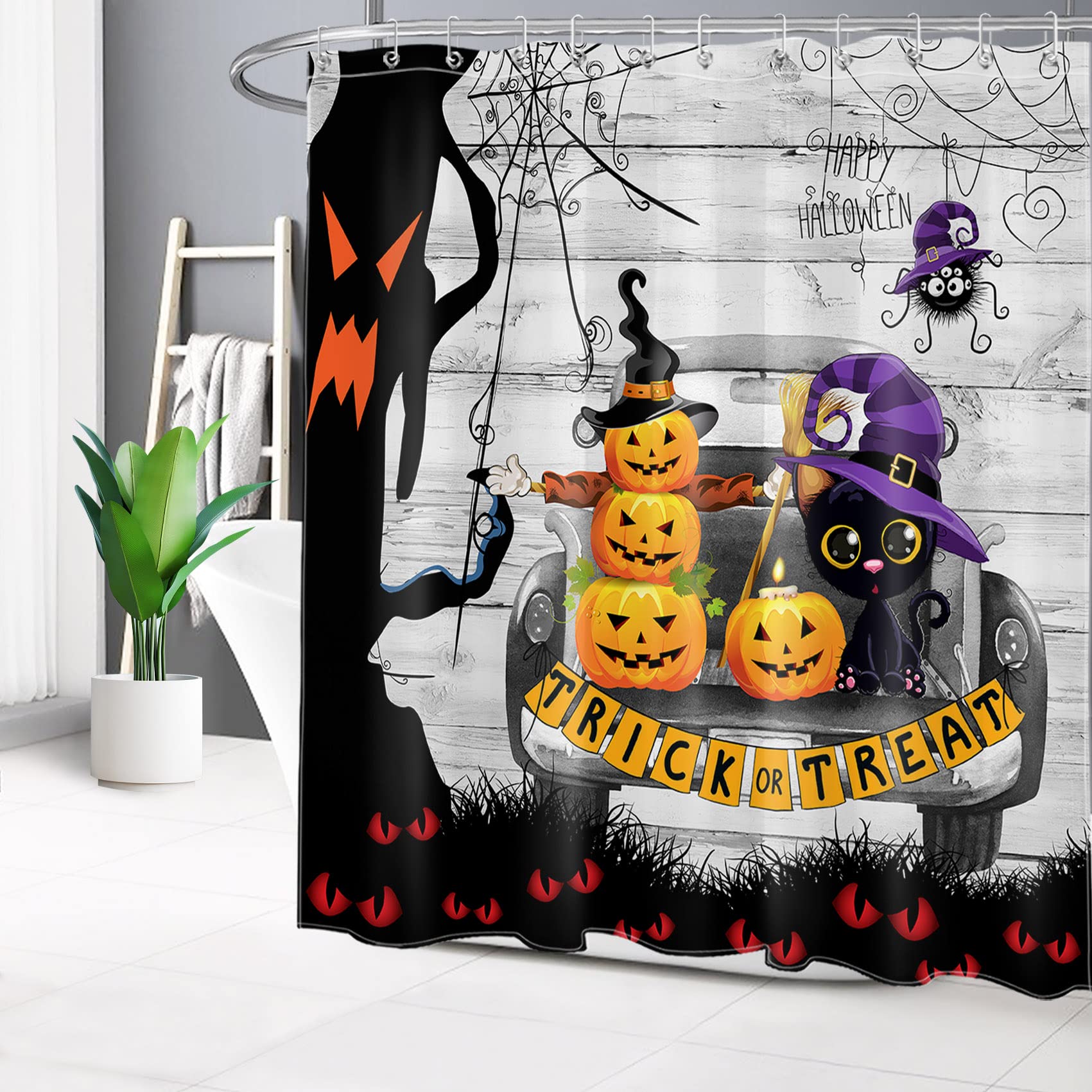 Eobtain Halloween Shower Curtain Set Horror Pumpkin Lanterns Spider Web Scary Ghost Tree Shower Curtain Farmhouse Vintage Truck