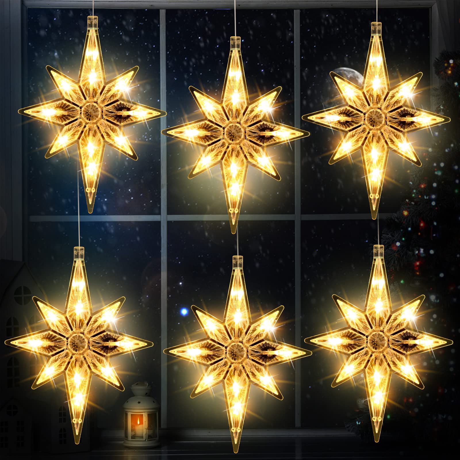 VIHOSE 6 Pcs 10.6 Inch Bethlehem Christmas Window Lights Plastic LED Lighted Christmas Window Silhouette Lights Large Hanging Xm