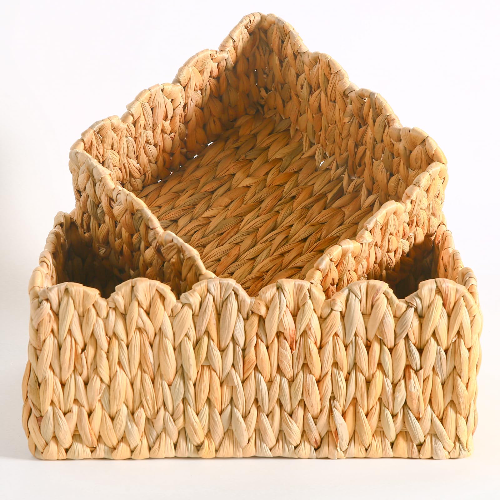 Scalloped Edge Basket, Wicker Storage Baskets, Hand Woven Baskets For Shelves,Natural Baskets For Organizing (Water Hyacinth(S+M