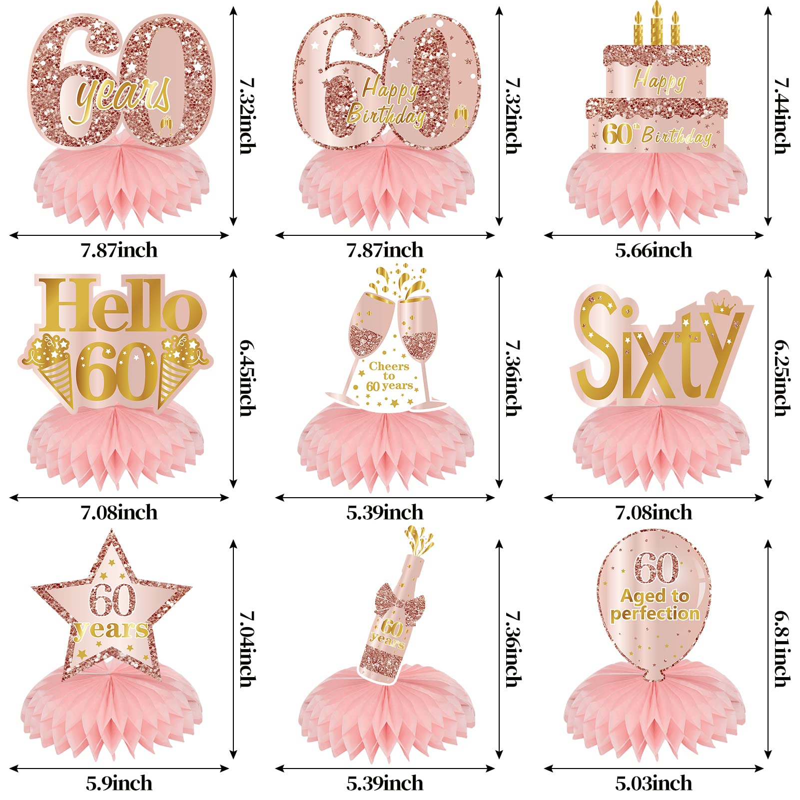 Turypaty Pink Rose Gold 60Th Birthday Honeycomb Centerpieces Decorations For Women, 9Pcs Rose Gold Happy 60Th Birthday Table Cen