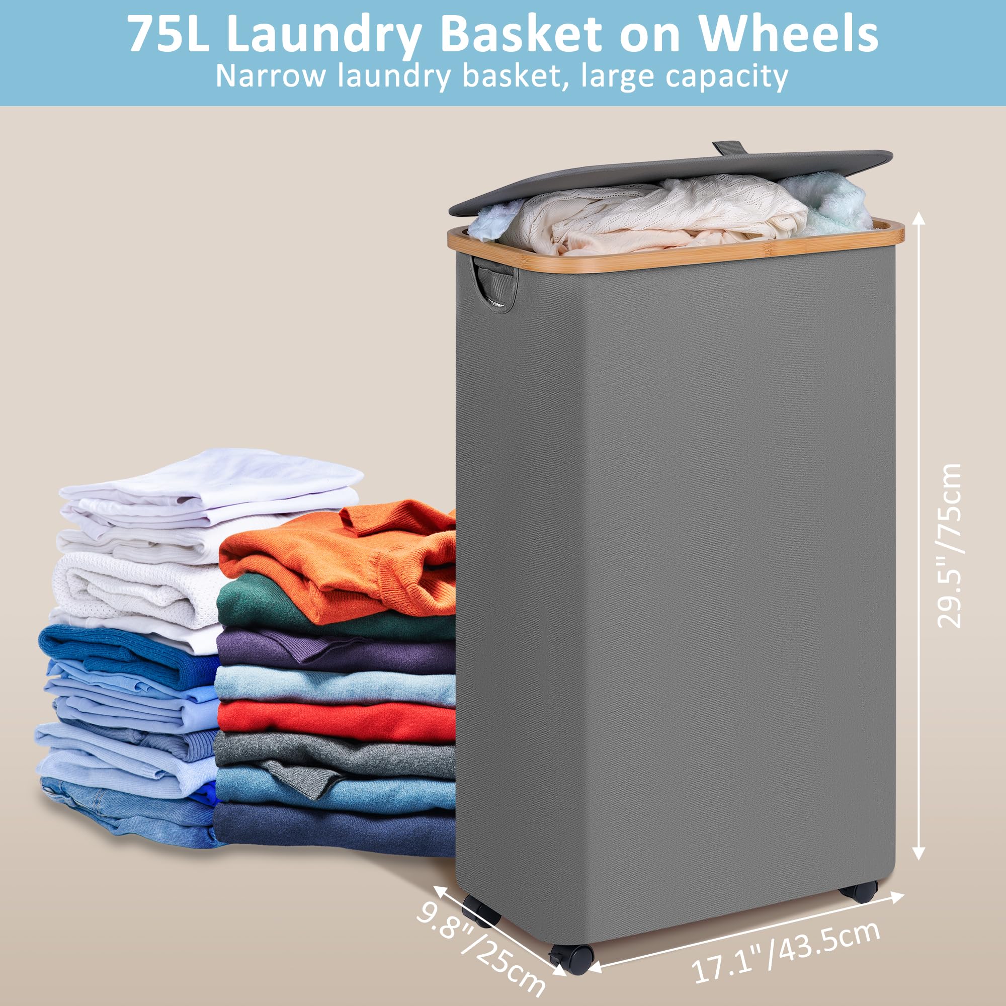 efluky Slim Rolling Laundry Basket with Lid, 75L Grey Hamper on Wheels for Bedroom, Dorm, Bathroom, Model RollingBH_75GY