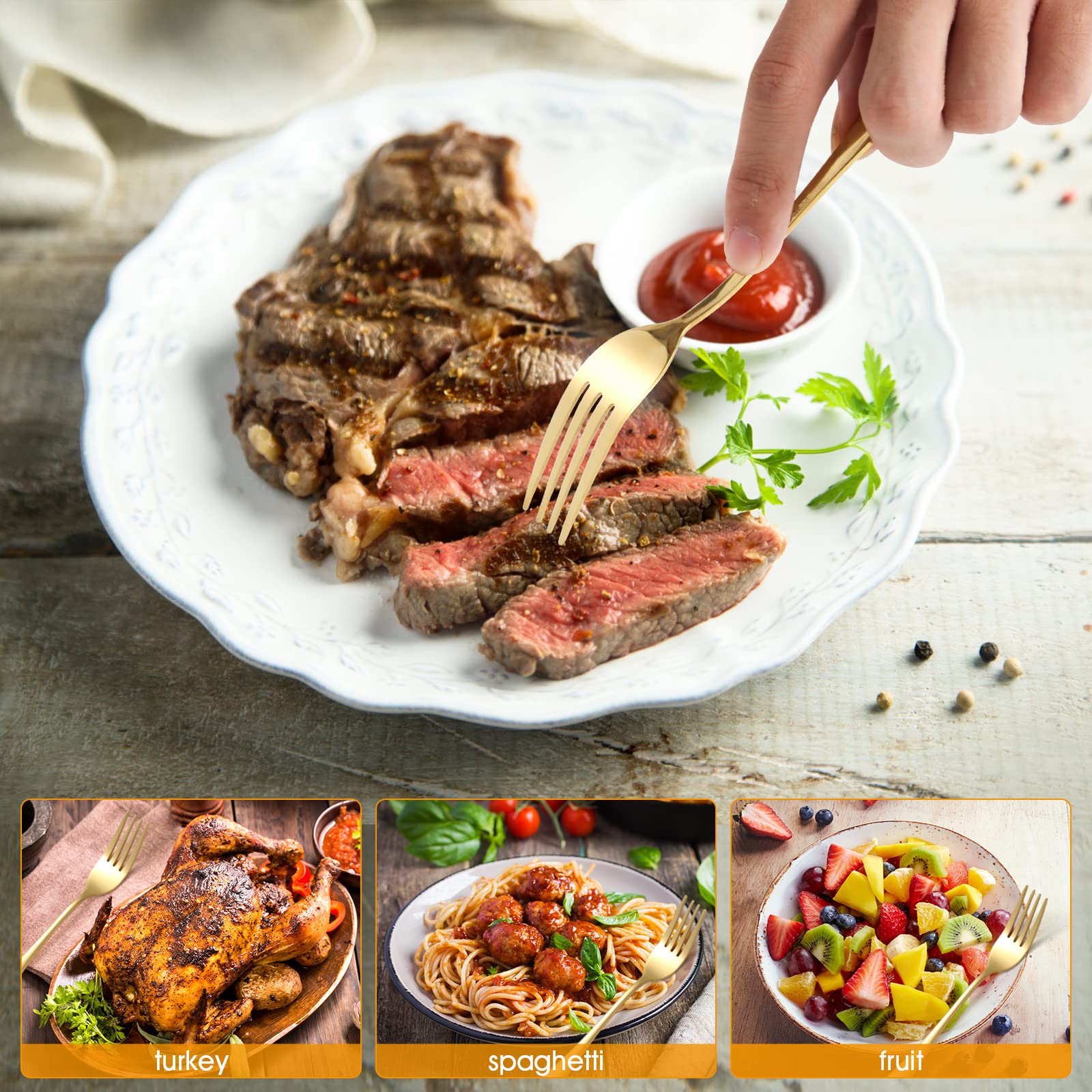 16-Piece Gold Forks And Spoons Silverware Set,Stainless Steel Flatware Cutlery For Kitchen Home Restaurant, Dinner Fork And Tabl