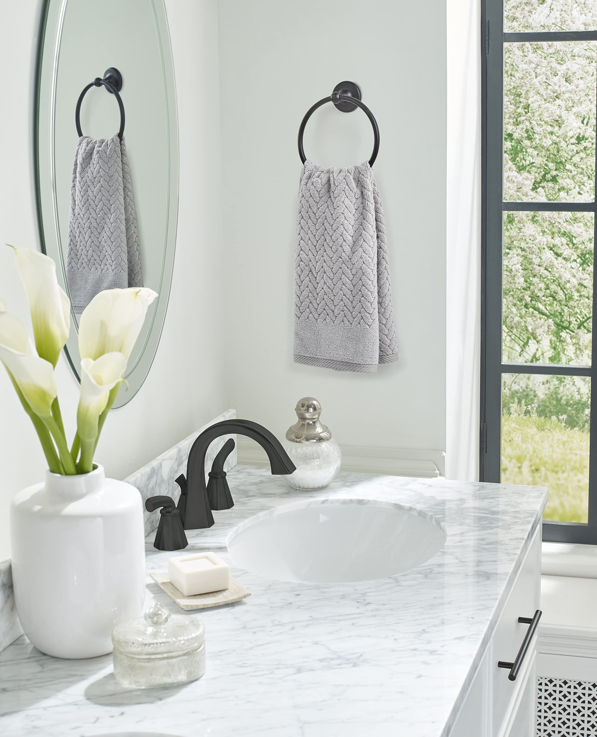 Amerock Wall Mounted Matte Black Towel Ring, Small Hand Towel Holder, Bathroom Accessories, Bath Hardware, Kitchen Towel Holder