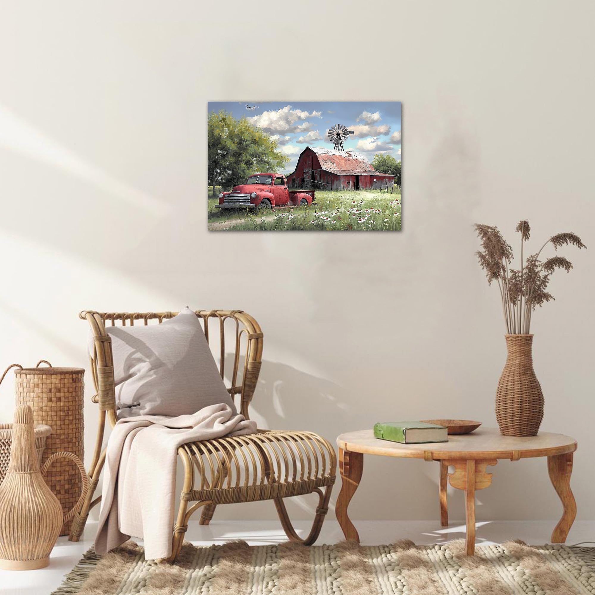 Farmhouse Old Truck Canvas Wall Art, Rustic Barn Pictures Wall Art, Vintage Country Pickup Truck Canvas Prints, Red Truck With G