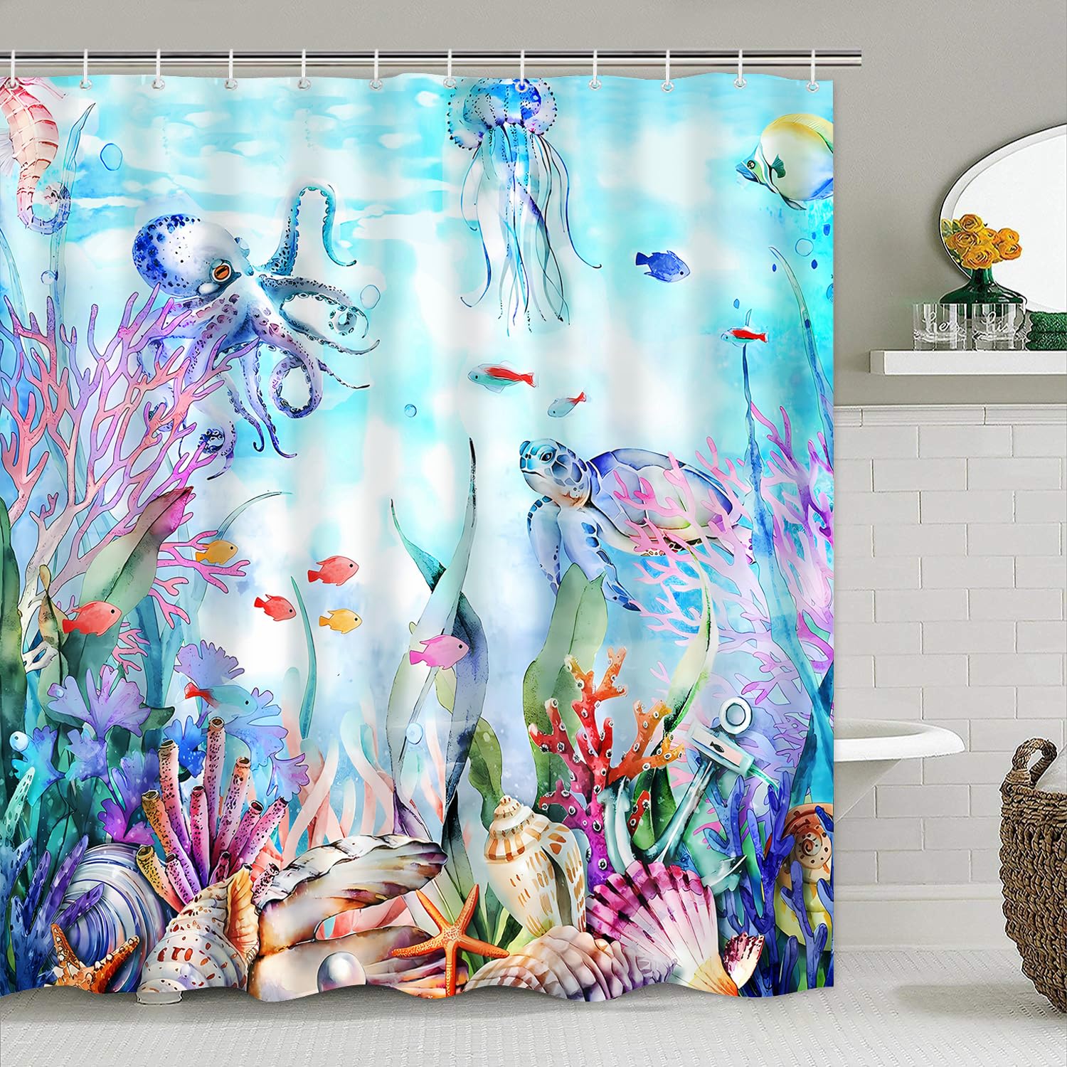 Pretyw 4-Piece Blue Ocean Seaworld Shower Curtain Set Marine Life Bathroom Set With Shower Curtain And Rugs, Octopus Turtle Cora