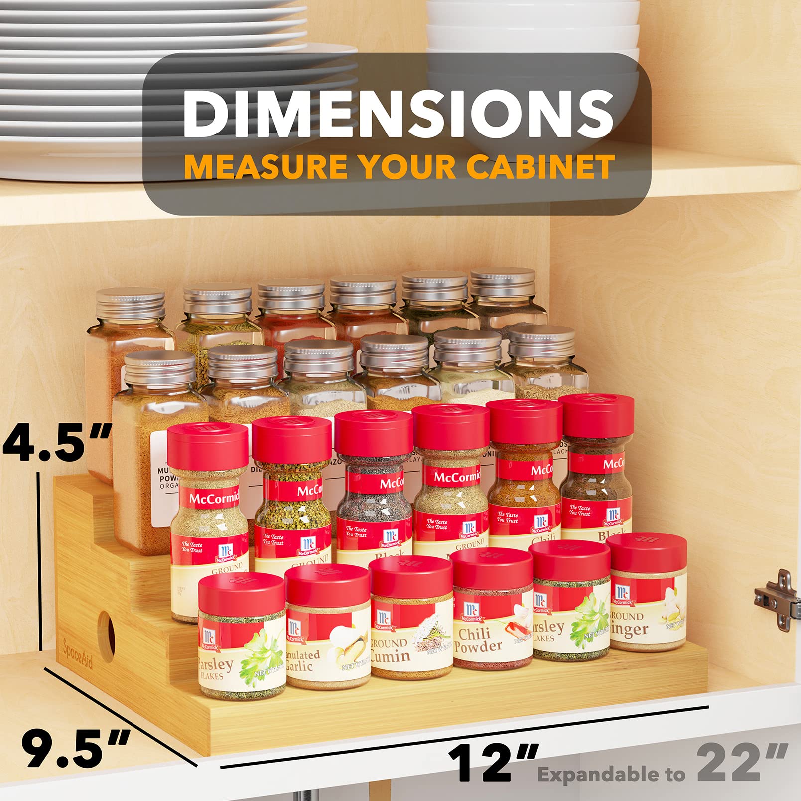 SpaceAid 4 Tier Bamboo Spice Rack Organizer for Cabinet, Kitchen Pantry Spices Storage Rack for Cabinets Organization, Home Seas