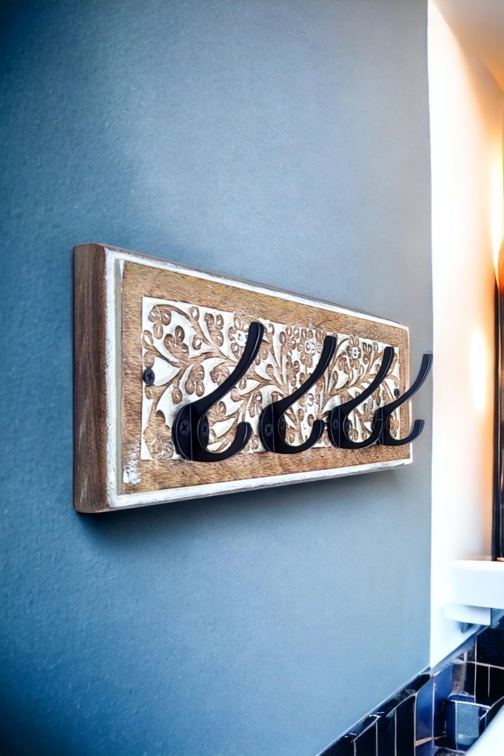 Born Stuff Wood Carving Wall Mounted Hook White Wash Finishing With 4 Metal Hooks For Hanging Towel Clothes Coat Key Holder