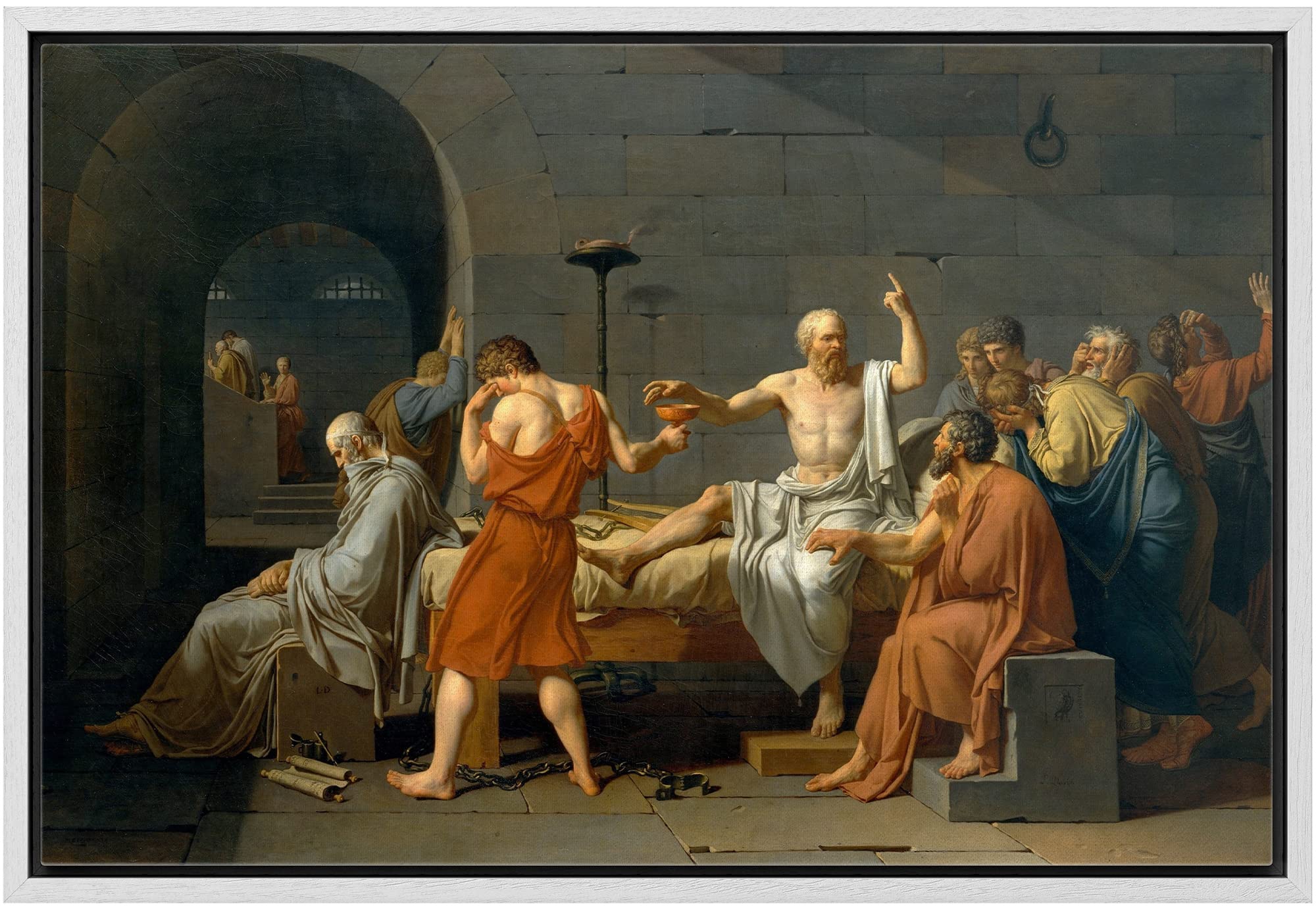 Wall26 - The Death Of Socrates By Jacques-Louis David - Framed Canvas Print Wall Art Famous Painting Reproduction - 24''X36'' Wh