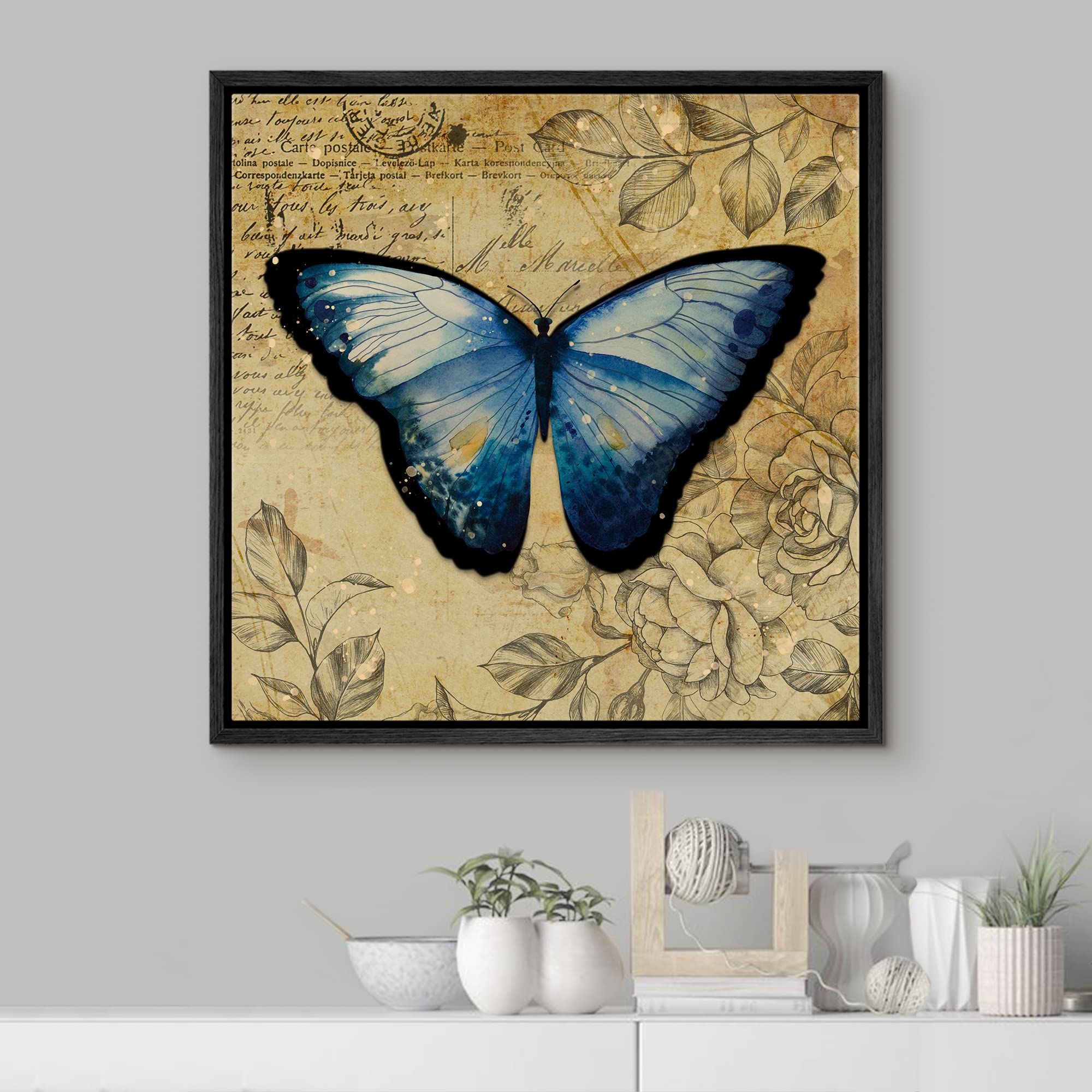 Wall26 Framed Canvas Print Wall Art Blue Monarch Butterfly Floral Pattern Nature Wilderness Rustic Modern Art Farmhouse Decorati