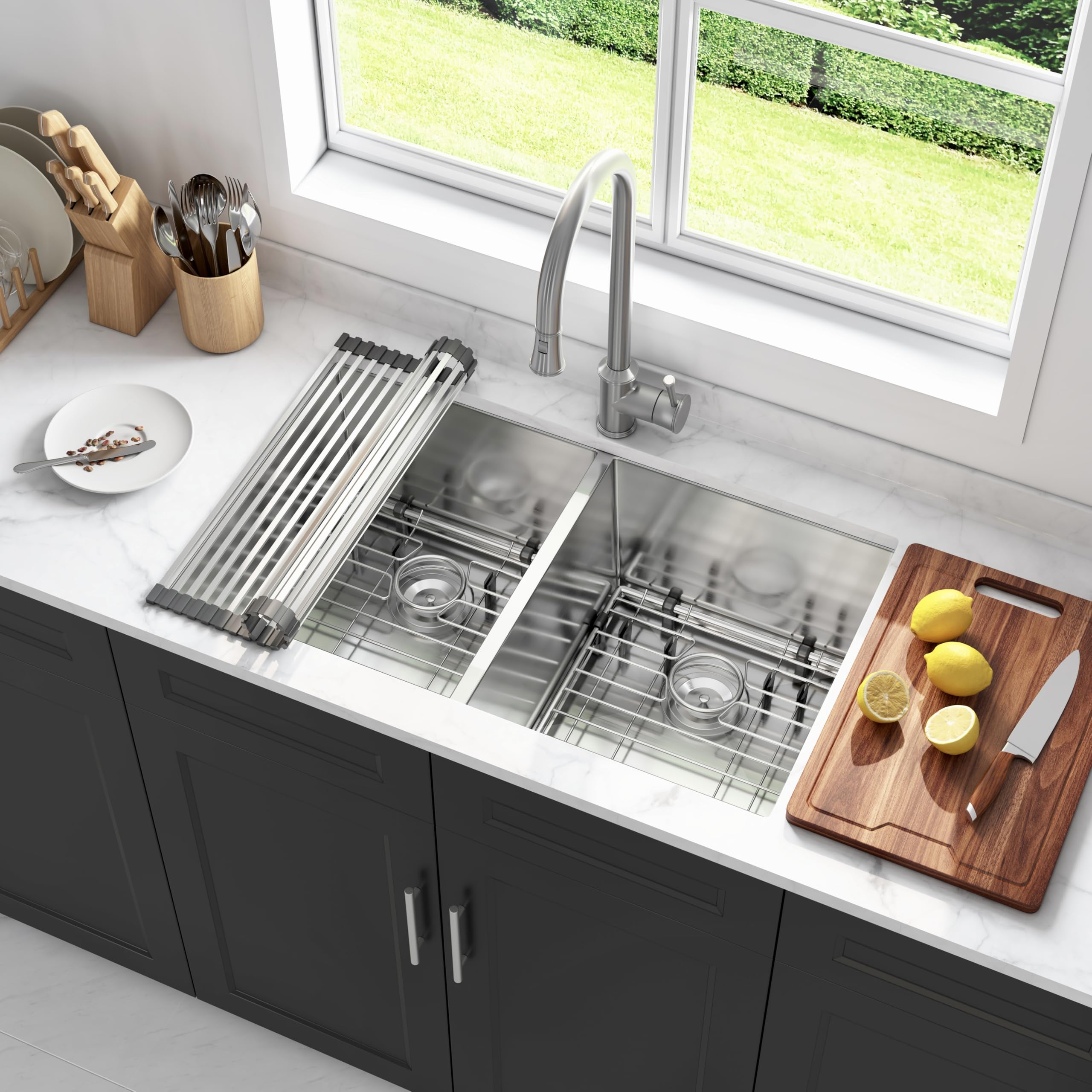 Joviprime 32 Inch 50/50 Double Bowl Kitchen Sink Undermount 16 Gauge 304 Stainless Steel Rectangular Spacious Double Bowl Sinks