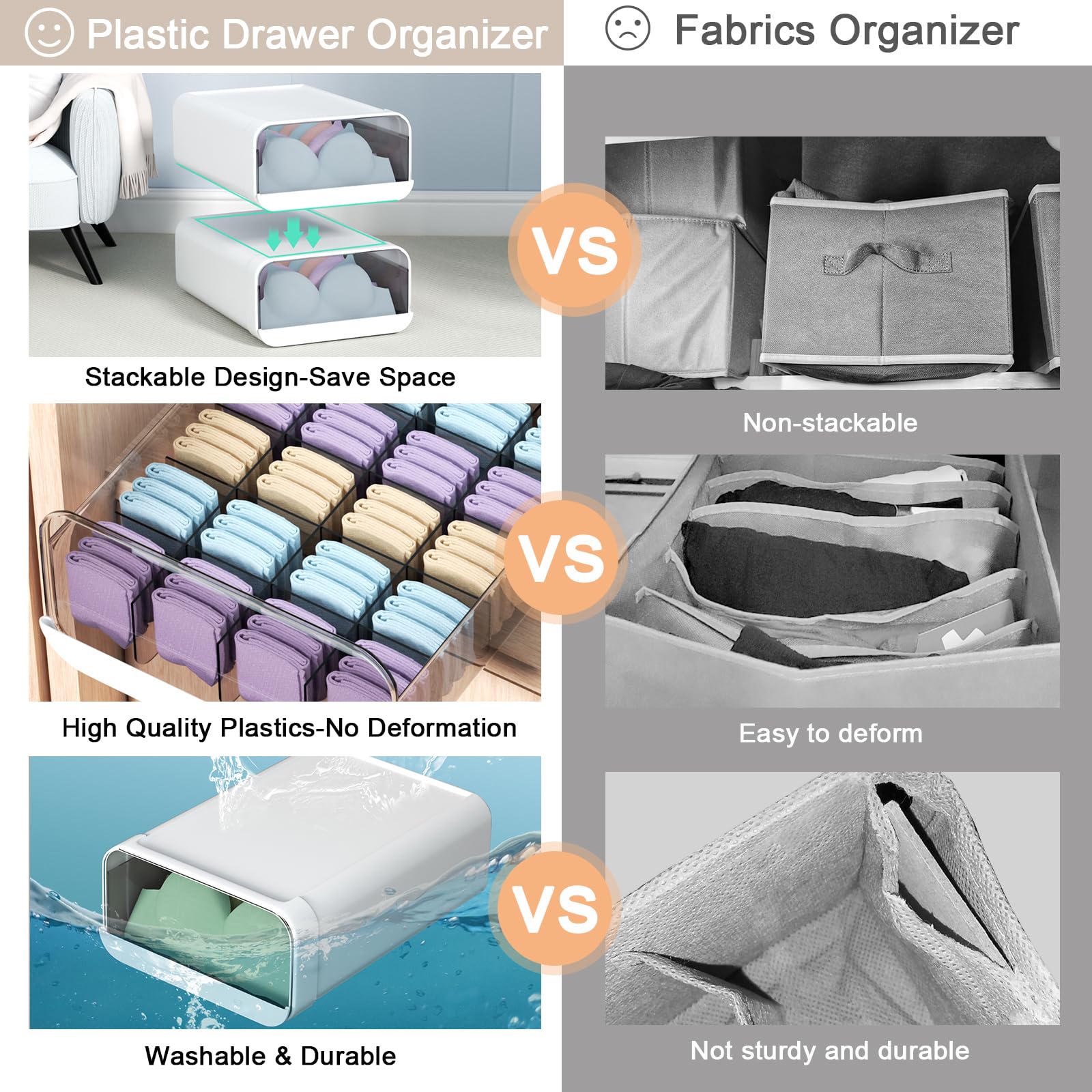 Miaocona Underwear Organizer Drawer, 24 Cells Plastic Sock Underwear Storage Drawer, Stackable Closet Organizers and Storage Box