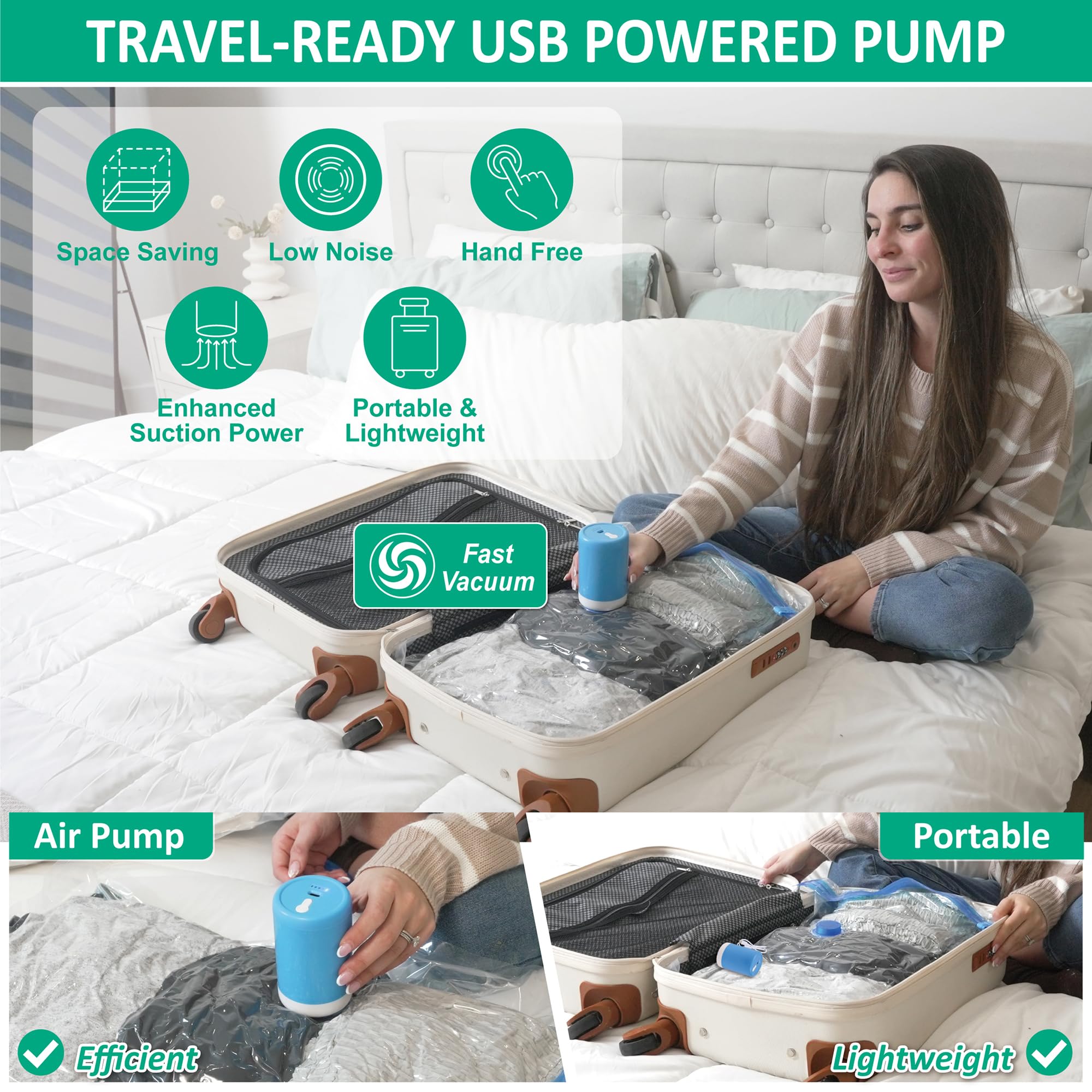 Cozy Essential Travel Vacuum Bags with Electric Pump, 6 Pack Vacuum Travel Bags for Luggage and Suitcase, Vacuum Seal Space Save