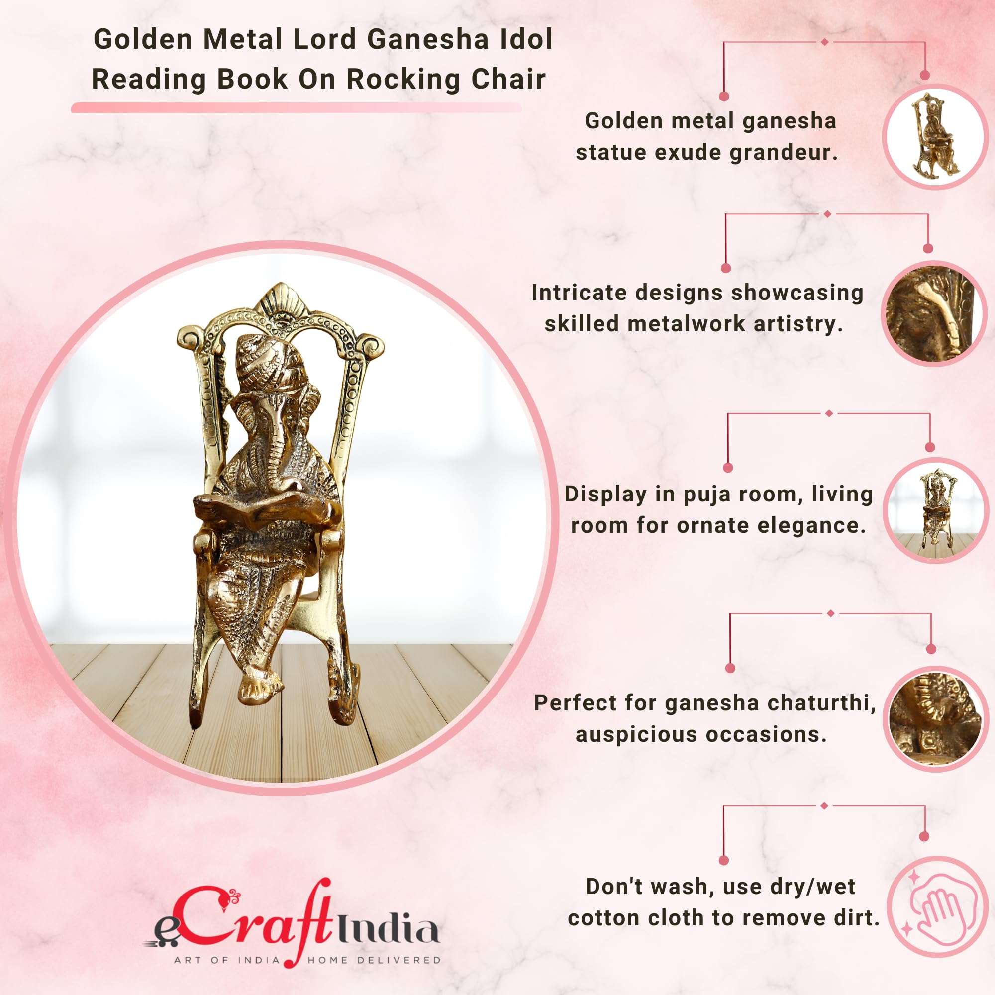 Ecraftindia Golden Metal Lord Ganesha Idol Reading Book On Rocking Chair - Decorative Hindu God Statue For Home Decor - Gift For