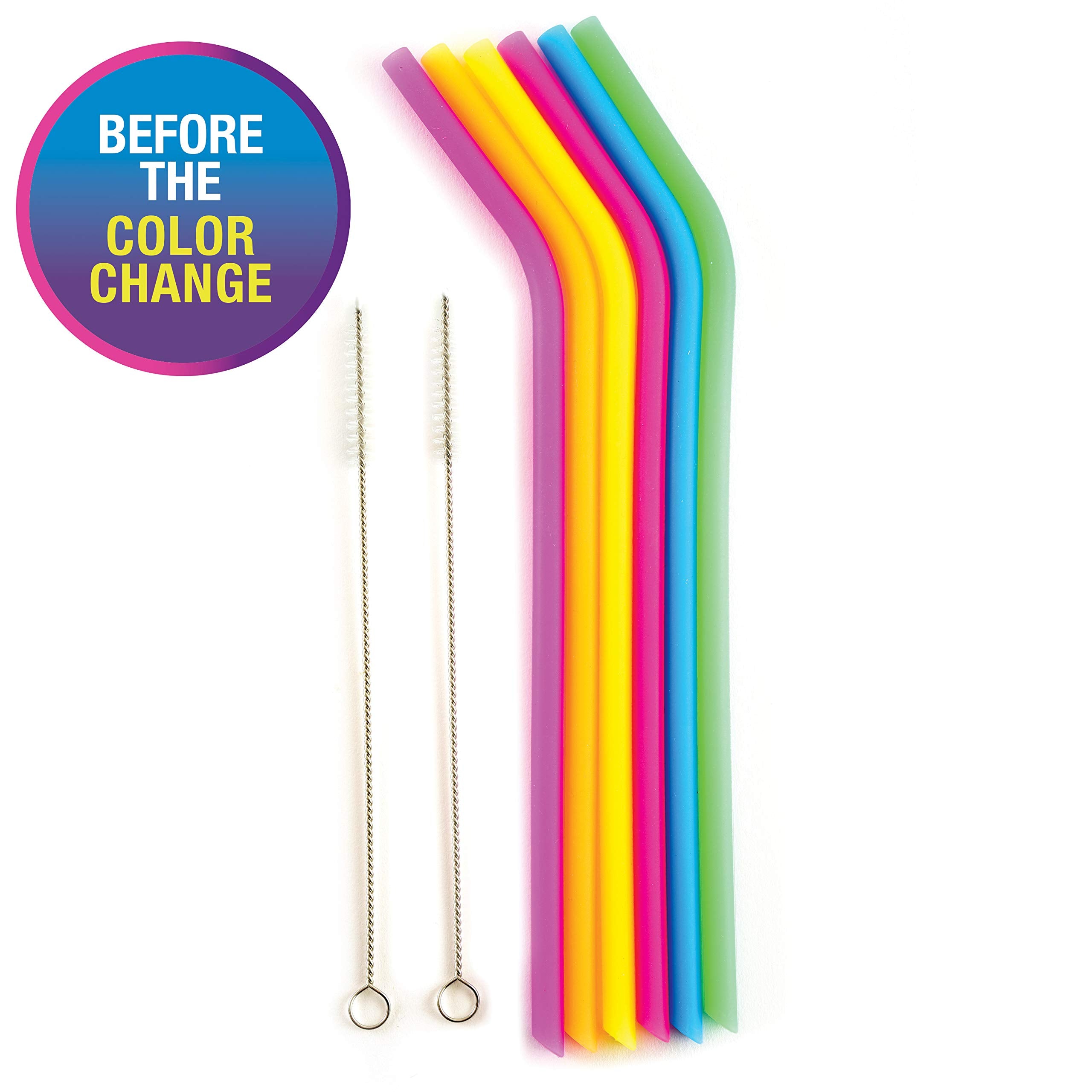 Norpro Silicone Color Changing Straws With 2 Cleaning Brushes, Set Of 6