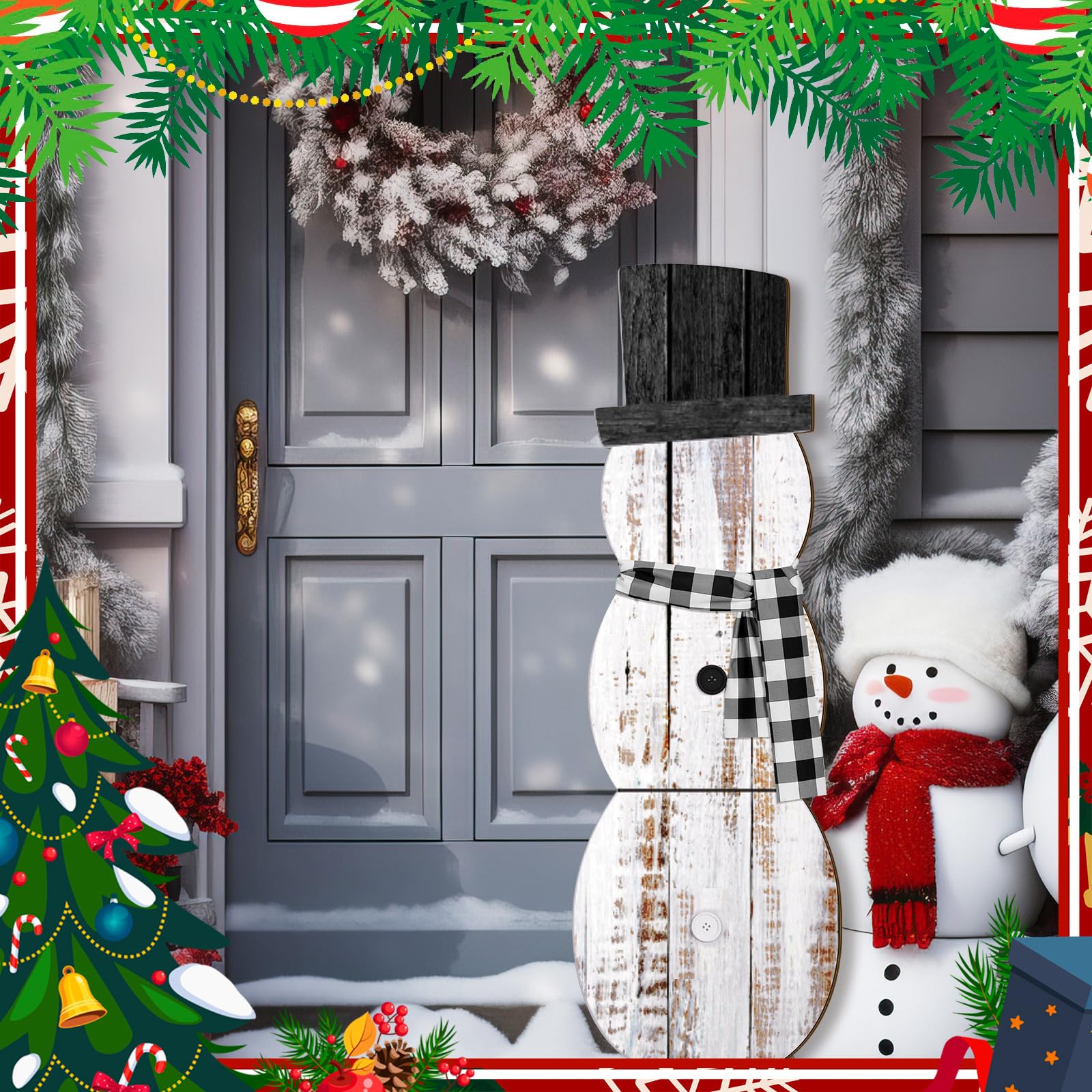 Memorywuu Christmas Porch Sign Christmas Snowman Nutcracker Porch Decor Wooden Winter Front Door Welcome Standing Sign for Xmas