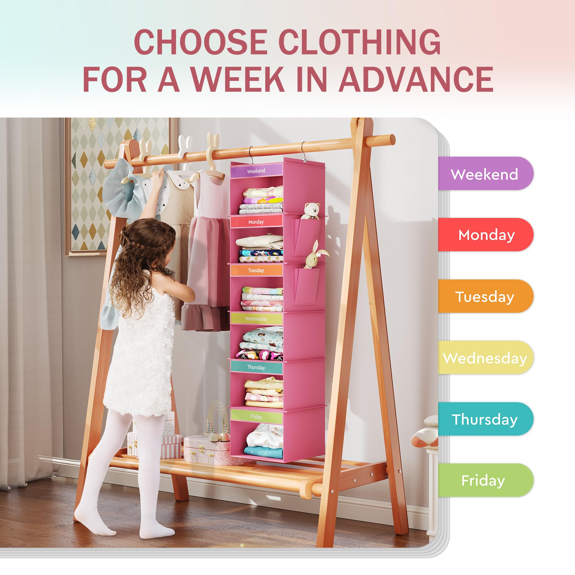 Youdenova 6-Shelf Weekly Hanging Closet Organizer, Weekly Clothes Organizers For Kids With 2 Side Pockets, Pink
